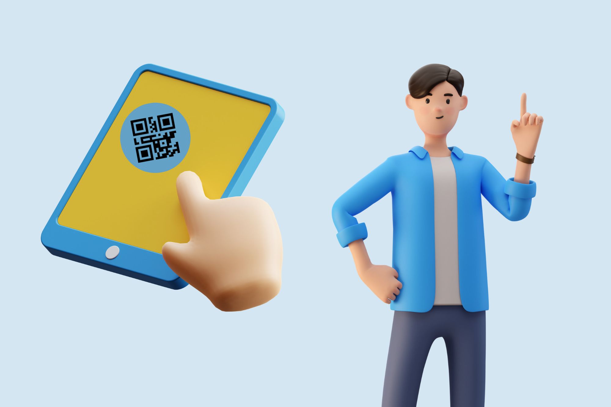 an illustration of an iPad with a QR code and a man smiling