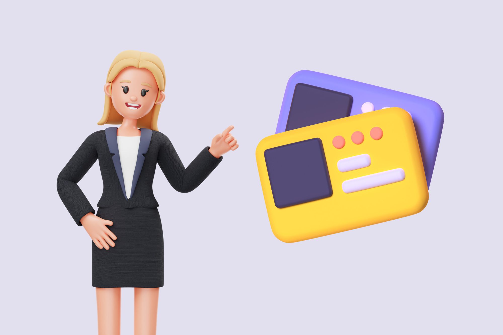 an illustration of a woman smiling and business cards