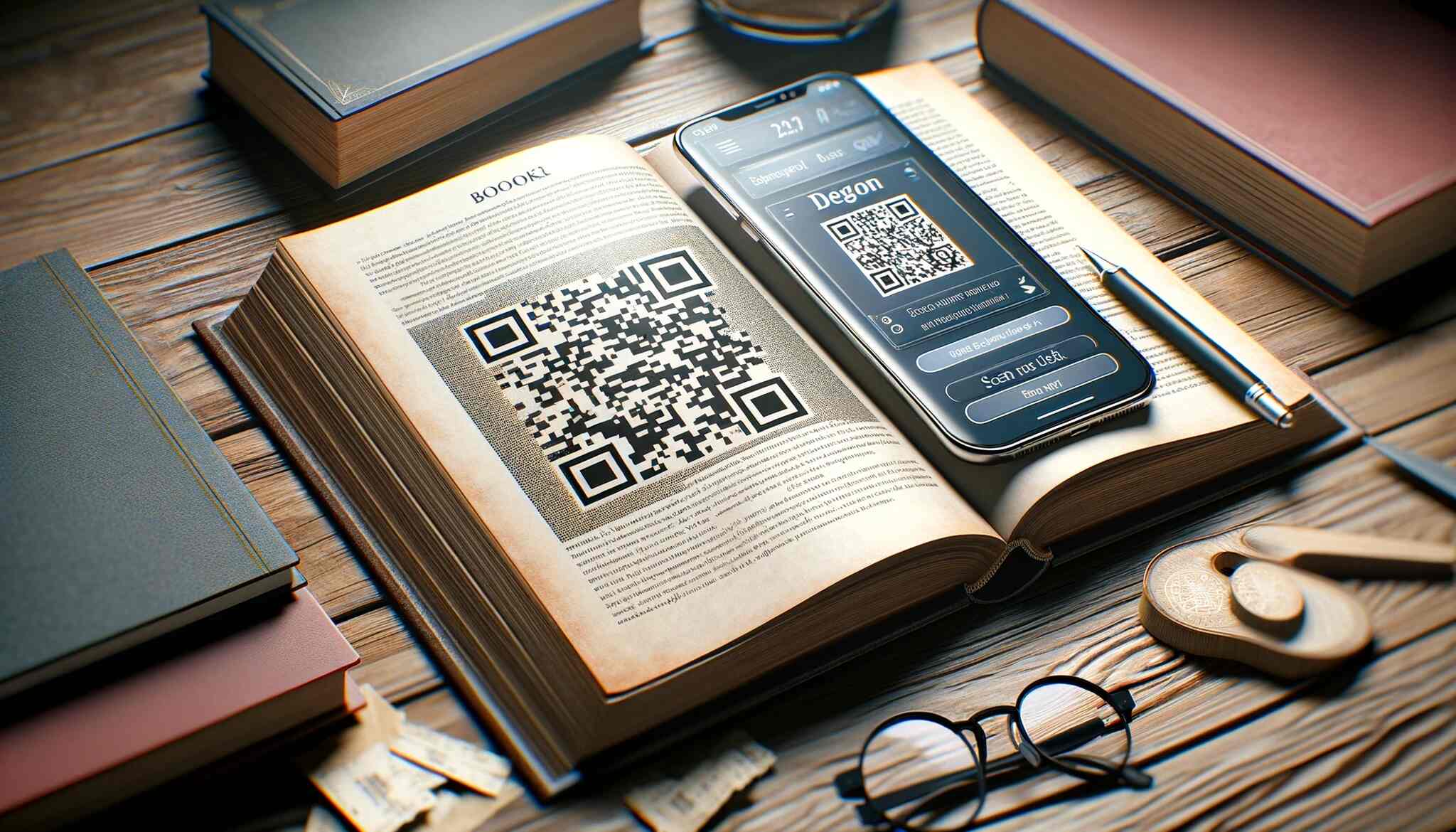 An open book with a QR code printed on the page lying on a wooden table