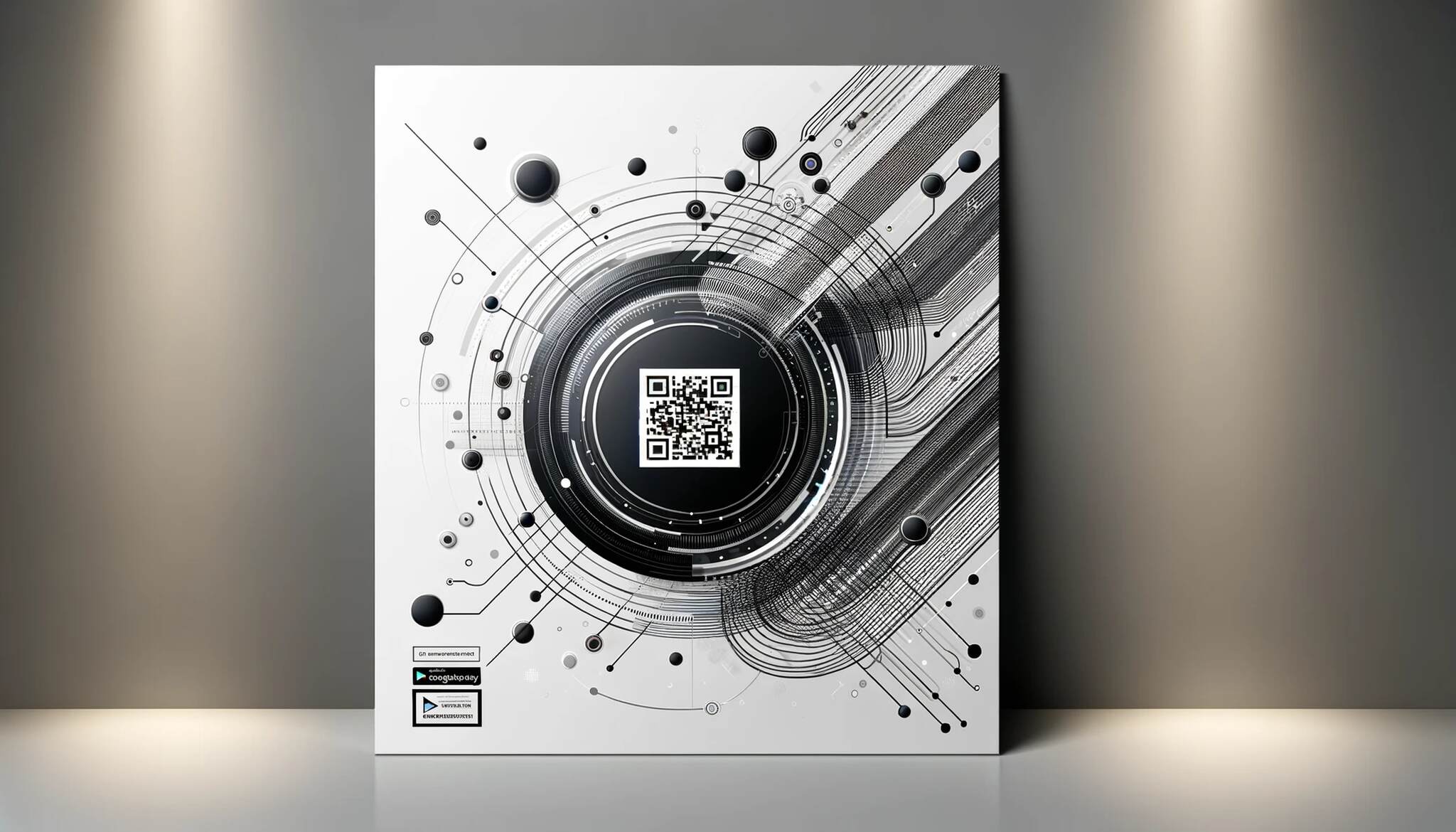 Black and white poster displaying a QR code for app download and abstract illustrations