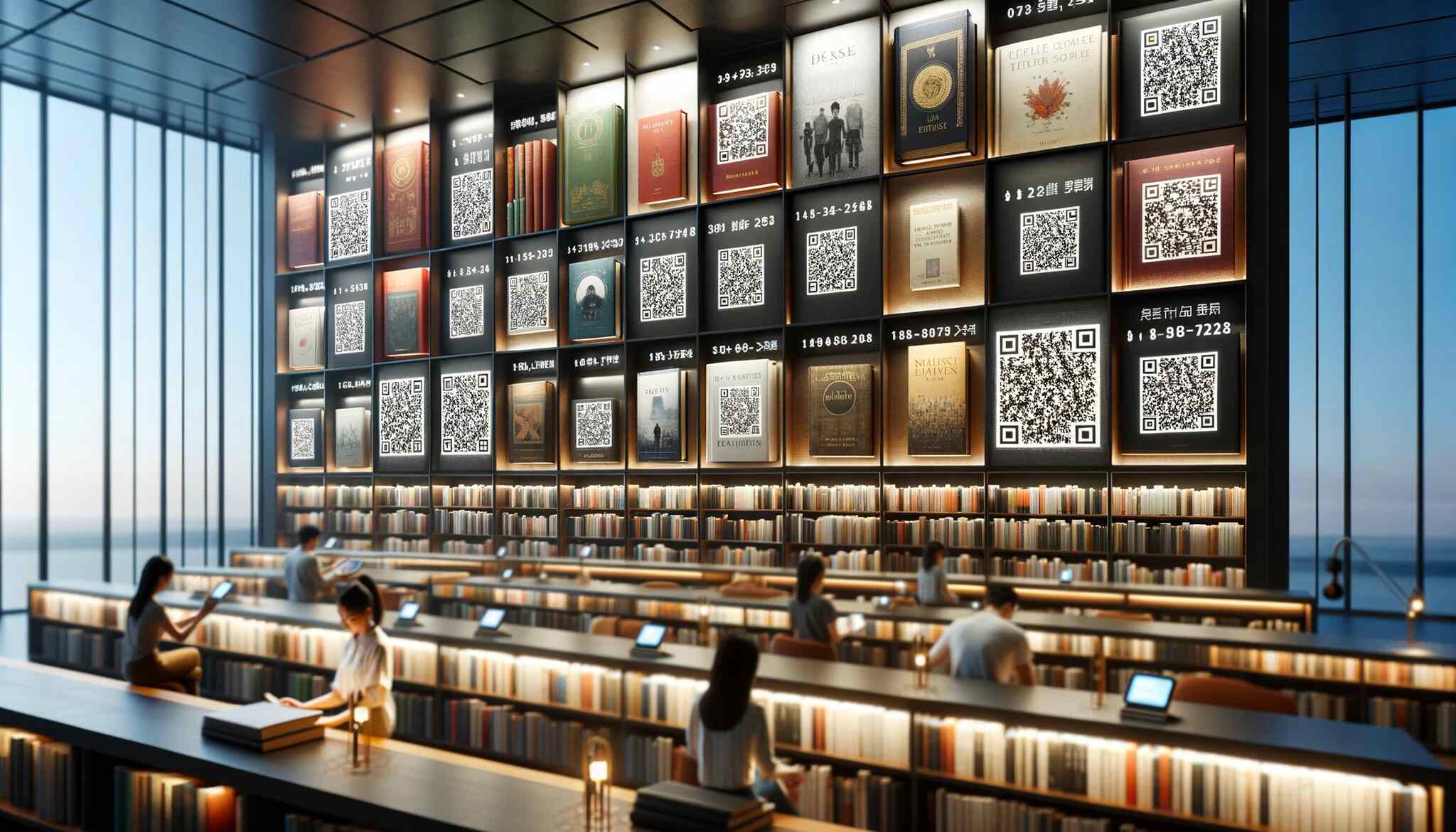 A book shop shelf displaying a variety of books with QR codes on their covers