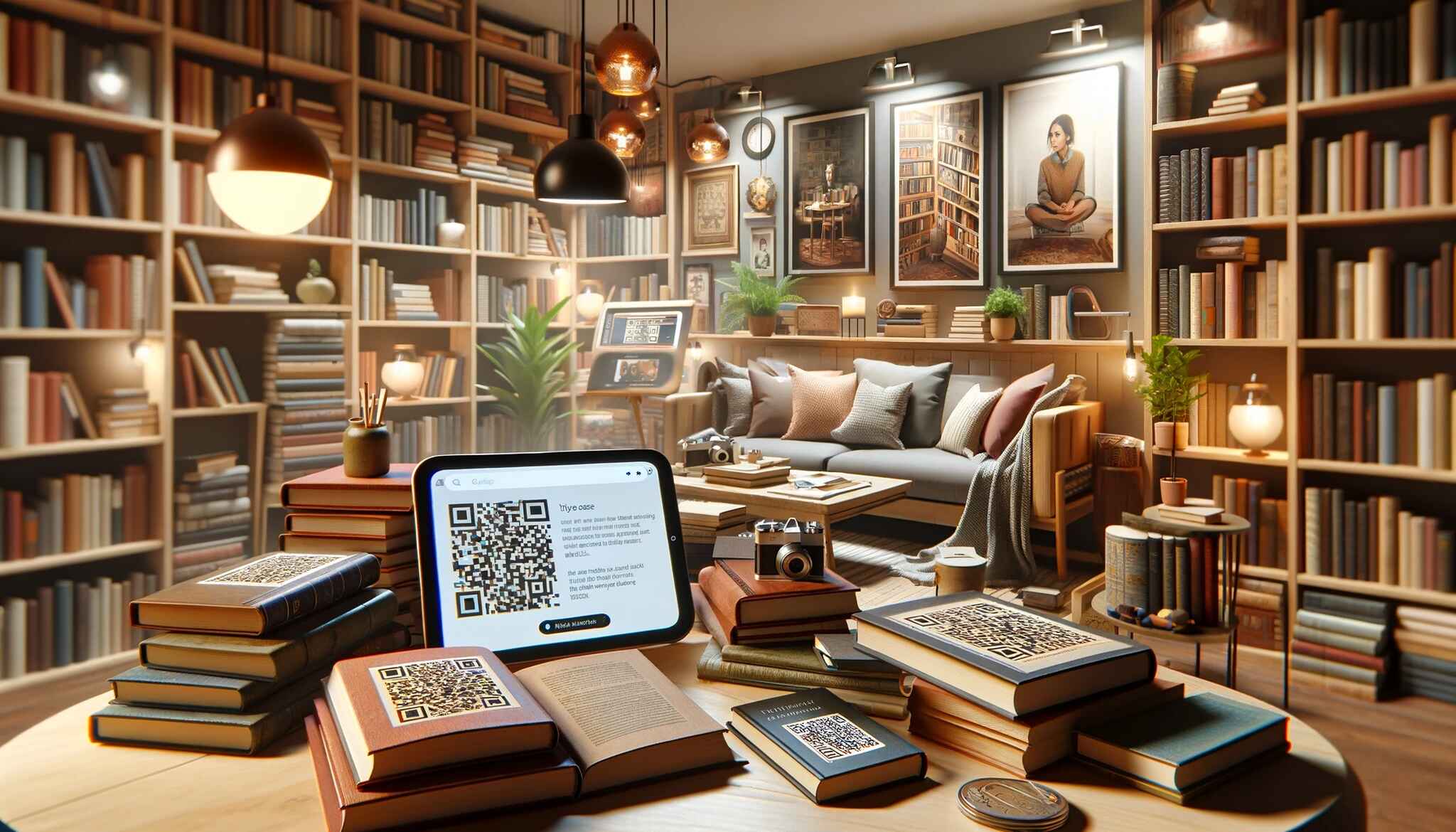 A cozy reading room with various books featuring QR codes on their covers and pages