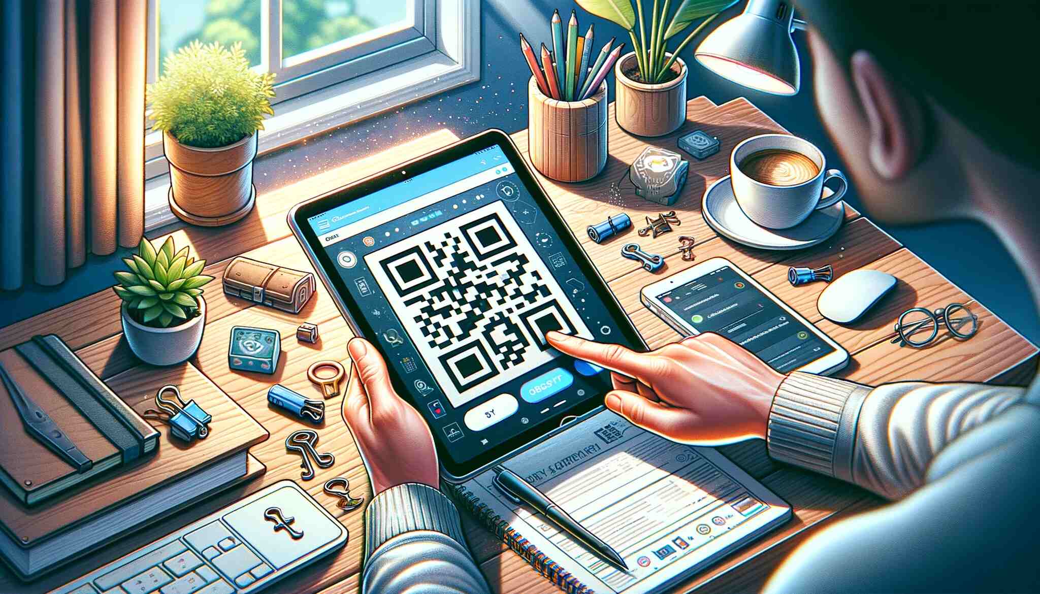 A detailed and vivid illustration showing a person using an iPad to scan a QR code