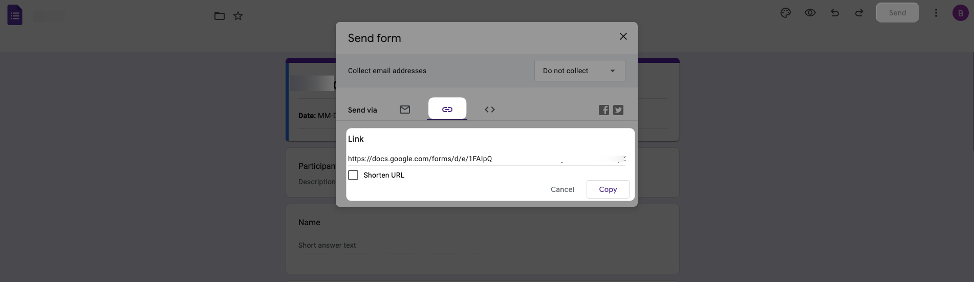 getting Google Form link
