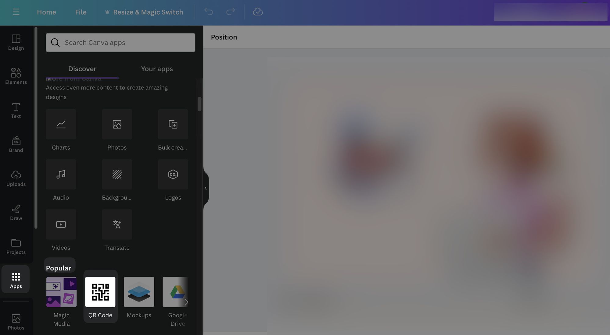 going to QR code section on Canva