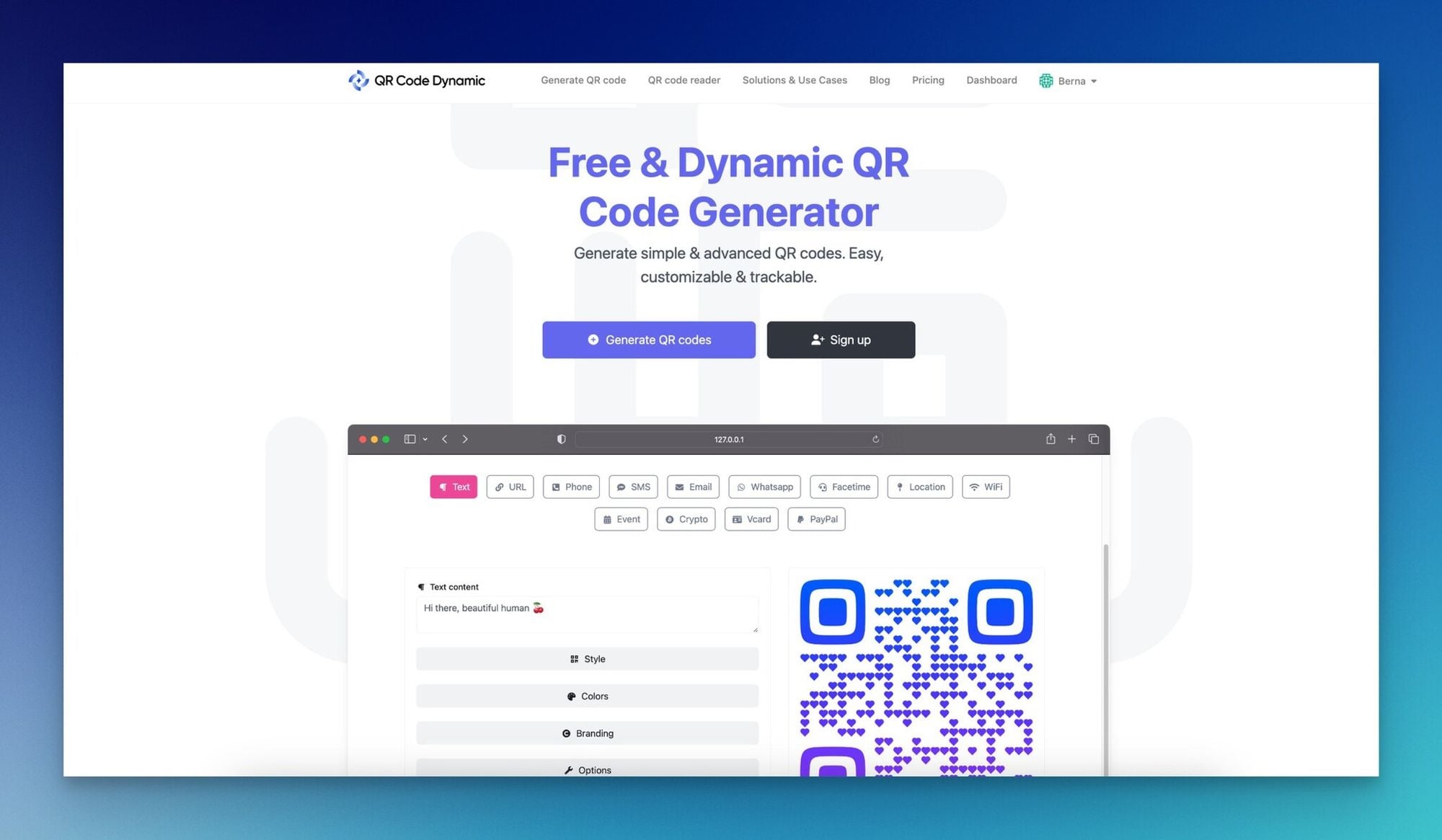 a screenshot of homepage of QRCodeDynamic