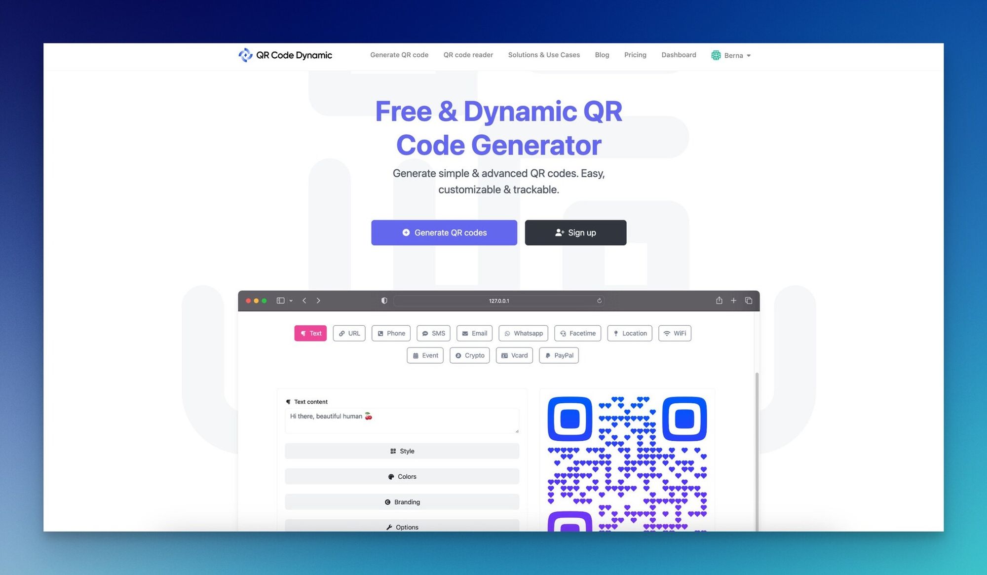 Homepage of QR Code Dynamic showing the dynamic QR code generator interface