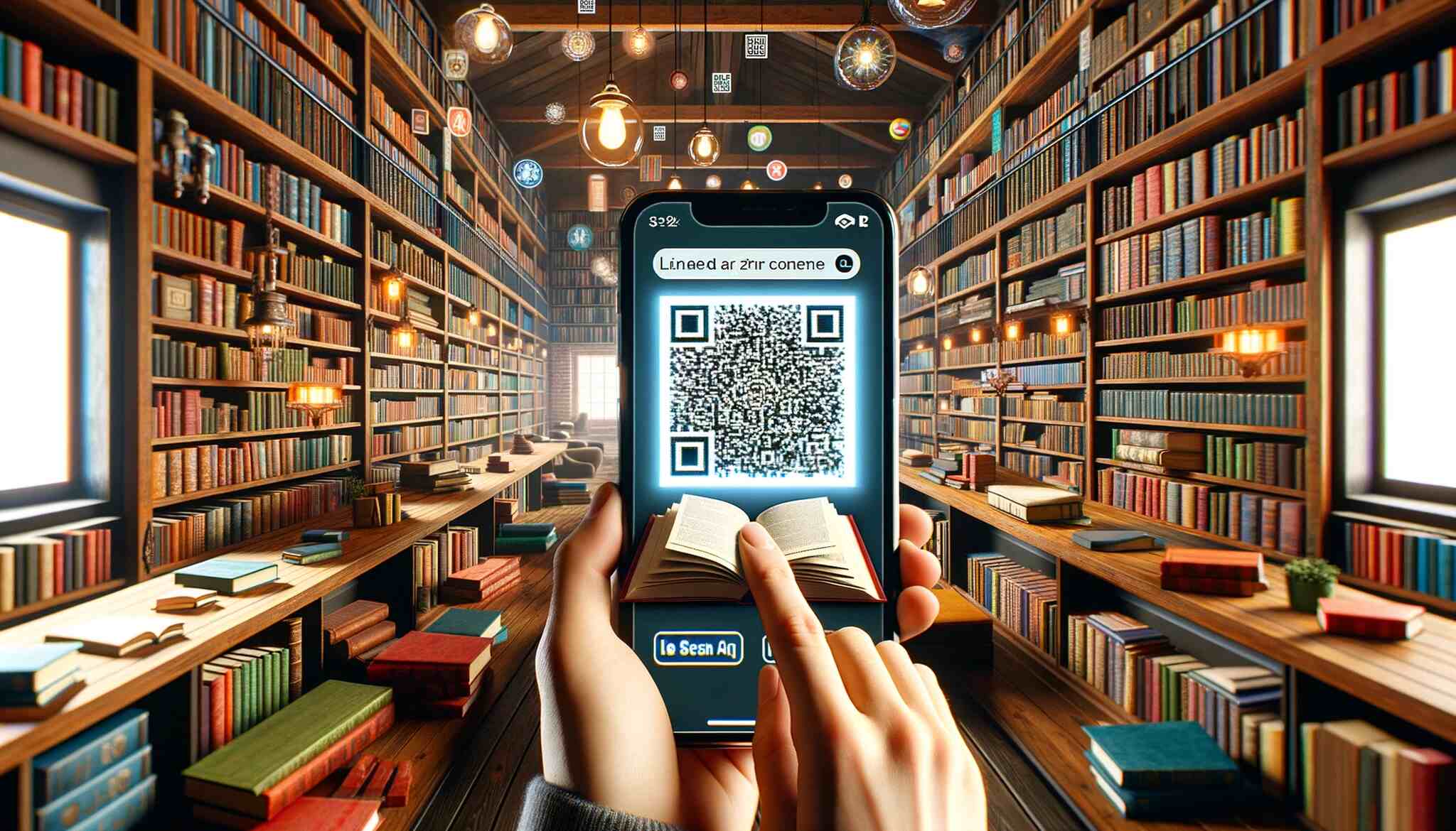 A library with various books and a phone displaying a QR code for a book