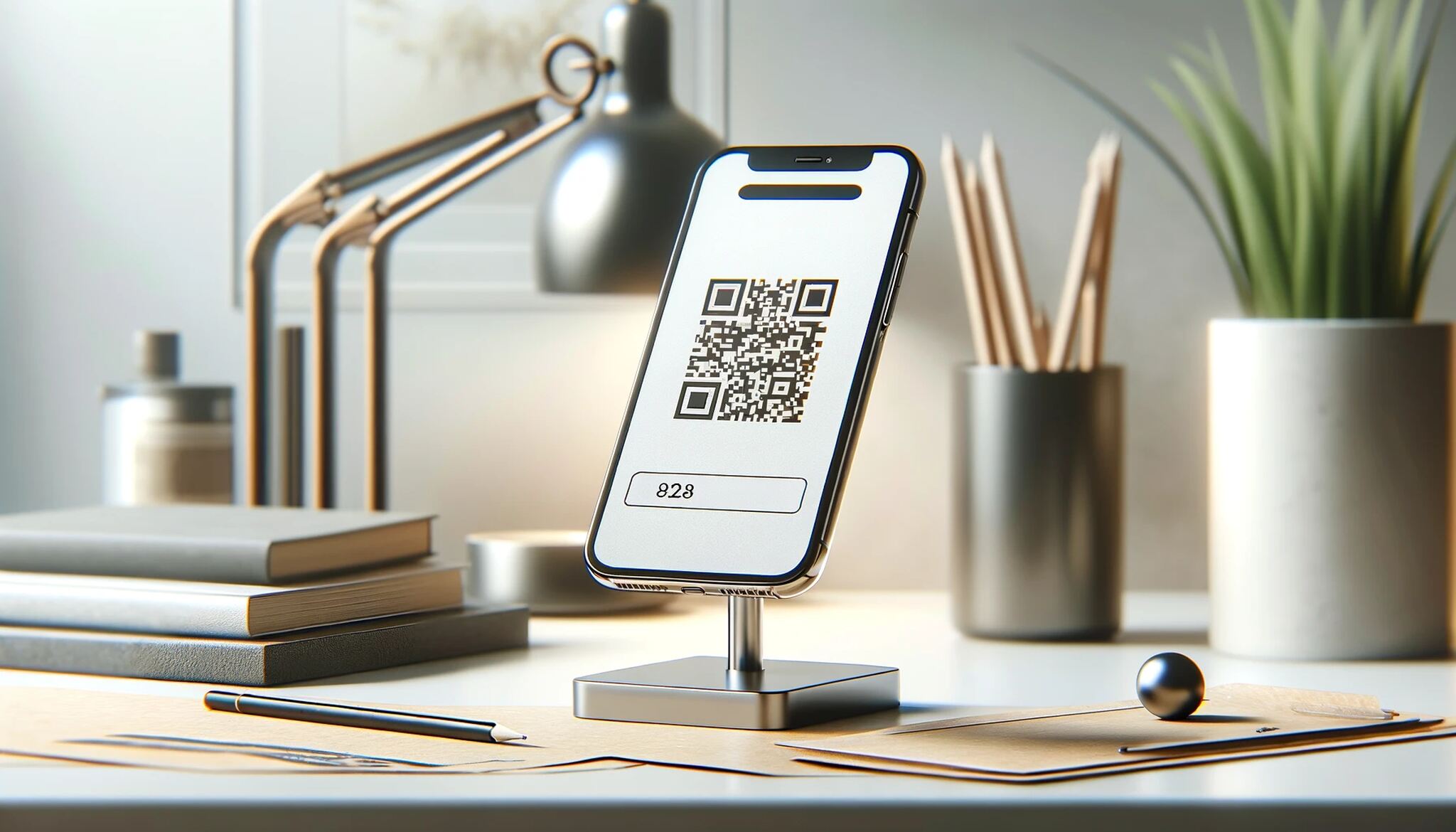 Minimalist desk with a smartphone on a stand displaying a QR code