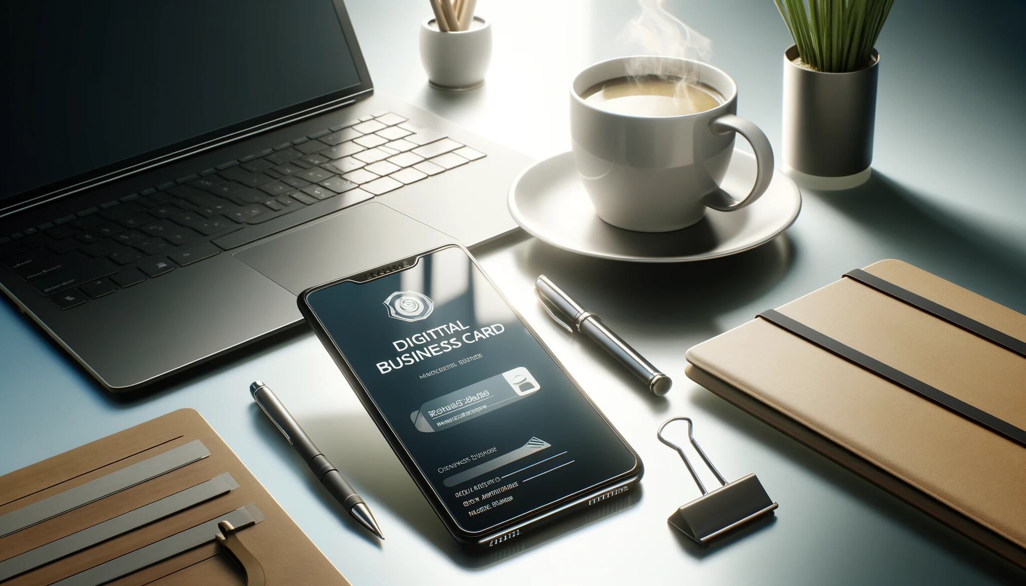 a modern office desk with a smartphone displaying a digital business card