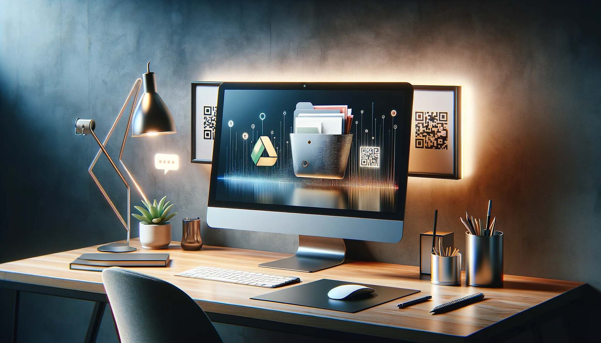 Modern workspace with a monitor displaying Google Drive logo and a QR code