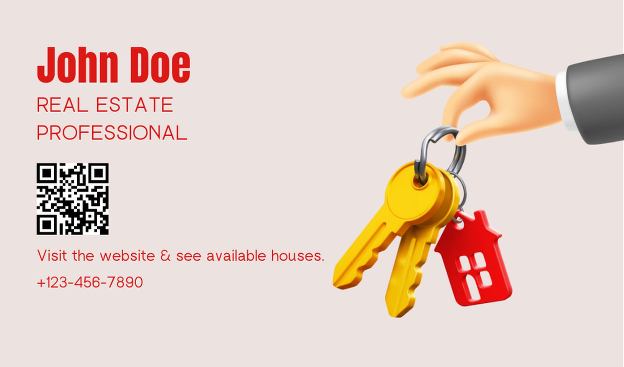 real estate business card template with name, QR code and an illustration of a hand holding keys