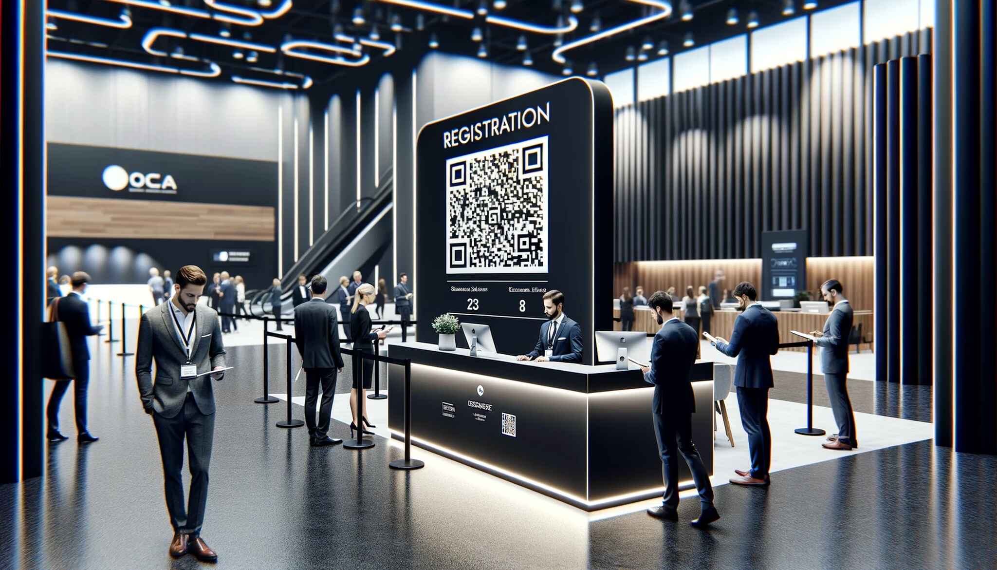 registration desk at a professional event, with a large QR code