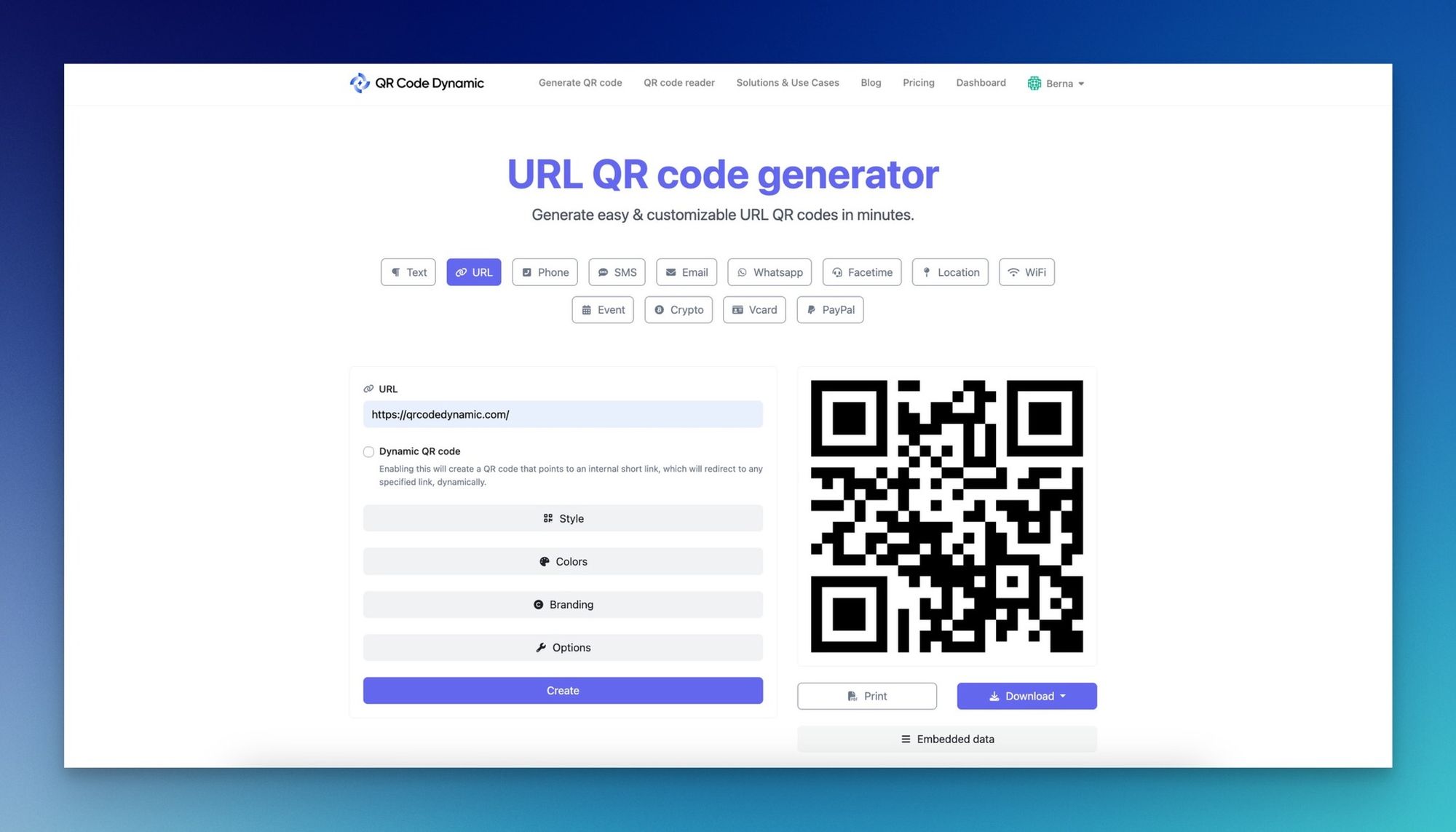 URL QR code generator page of QRCodeDynamic