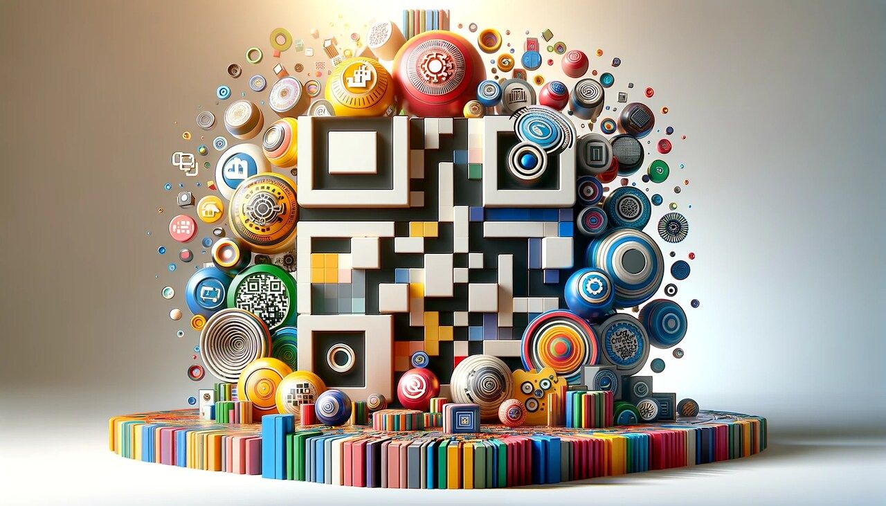 A variety of QR codes in different colors and styles arranged for book design inspiration
