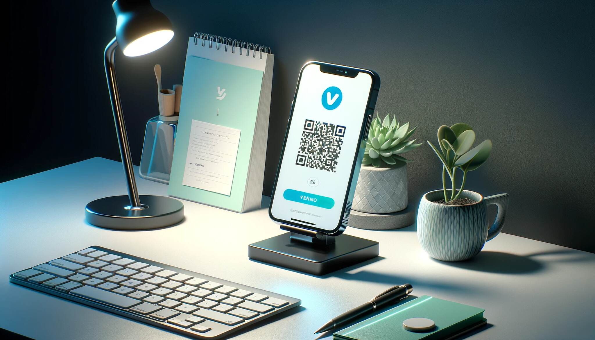 Workspace with a smartphone on a stand displaying a Venmo QR code
