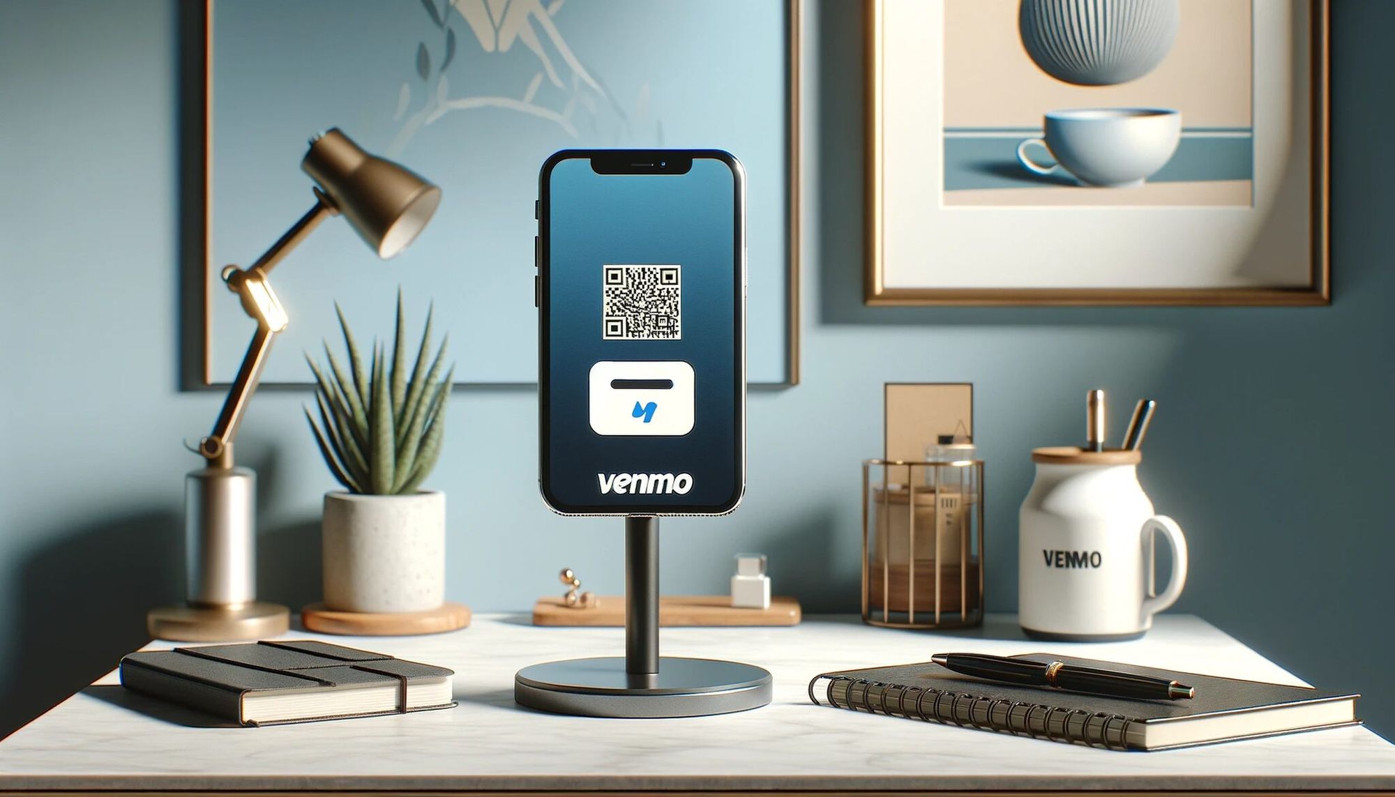 Workspace with a smartphone on a stand displaying a Venmo QR code