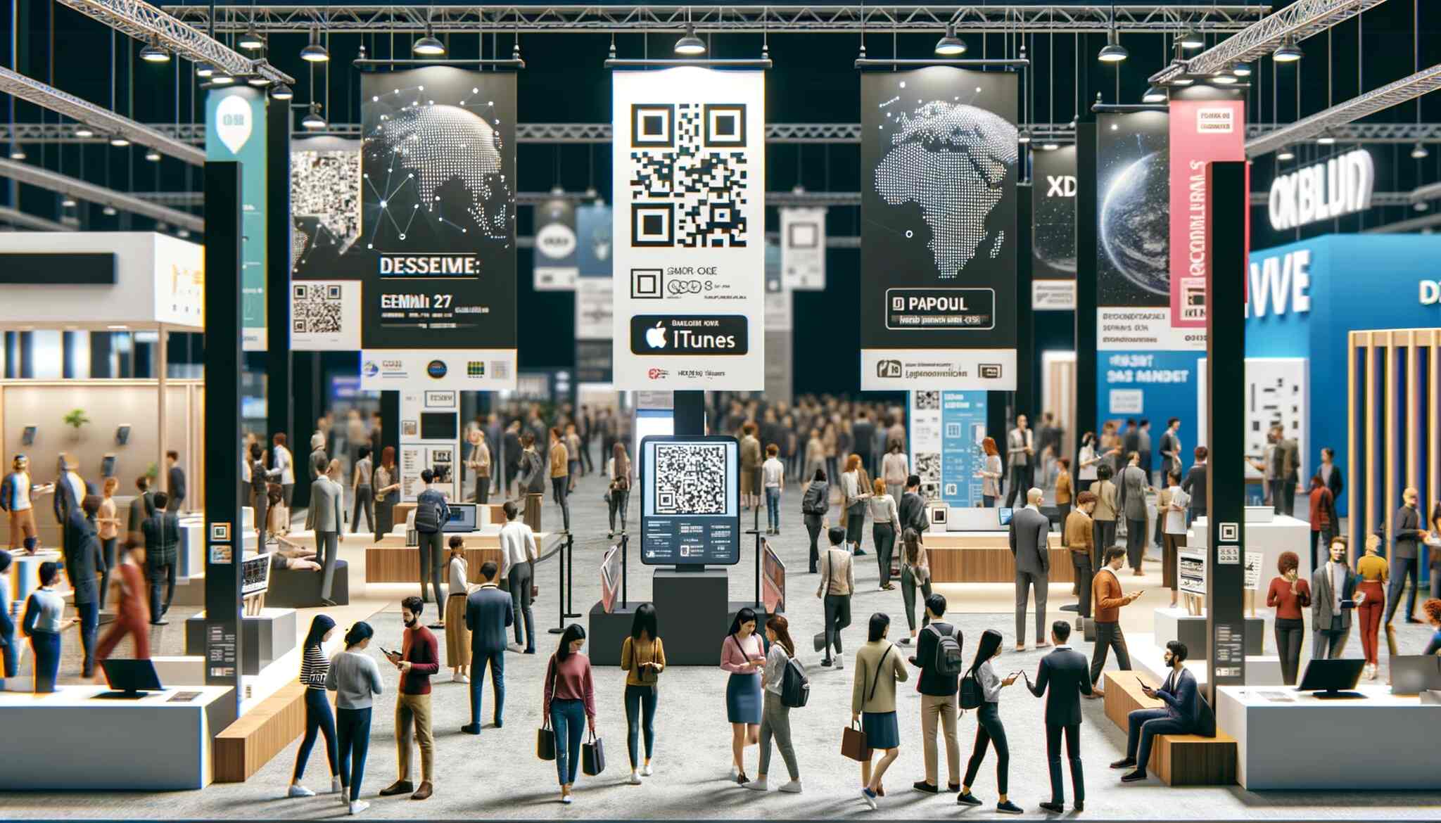 a bustling trade show scene with various promotional QR codes on banners