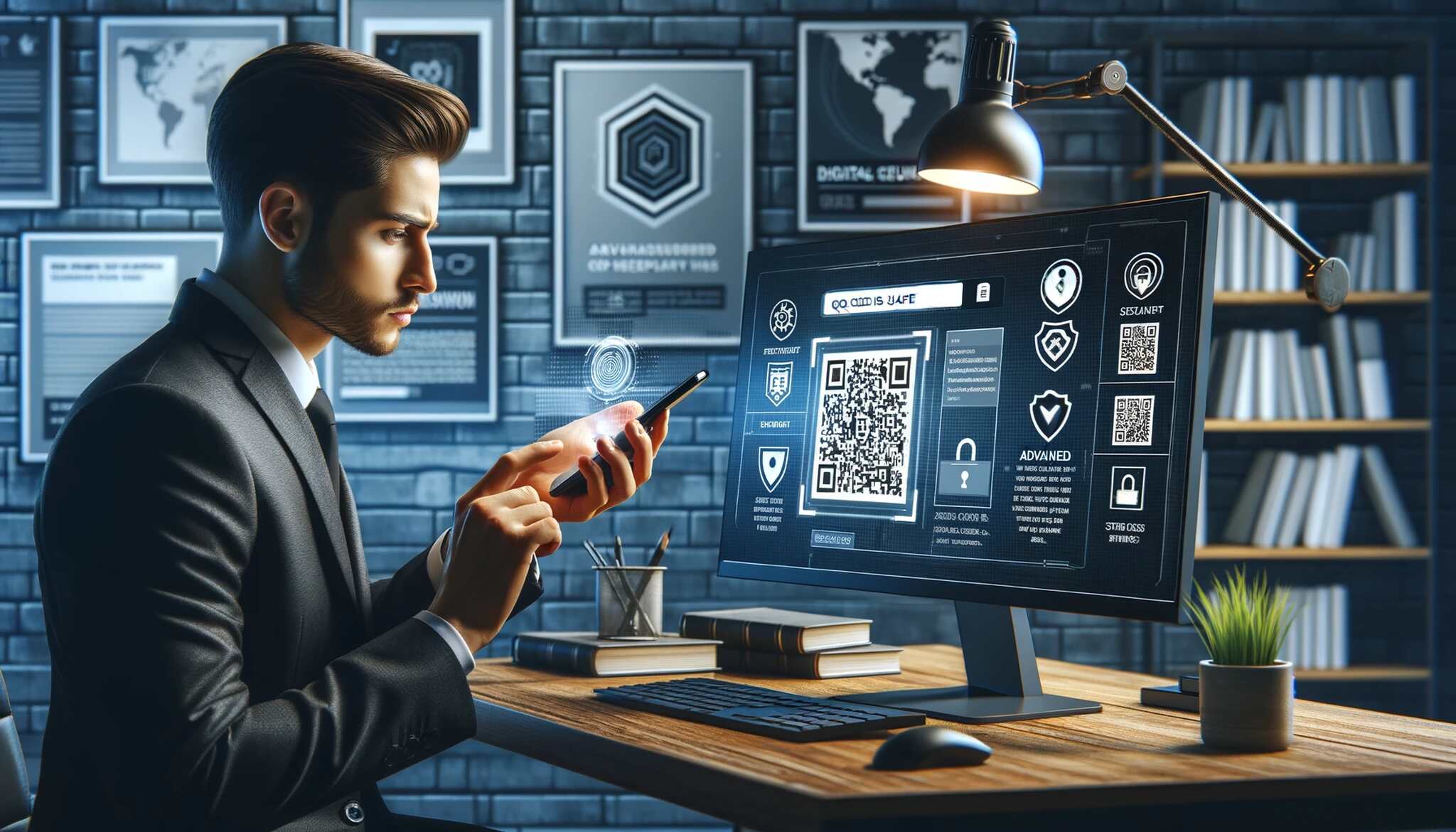 a man scanning a QR code and security icons on a monitor