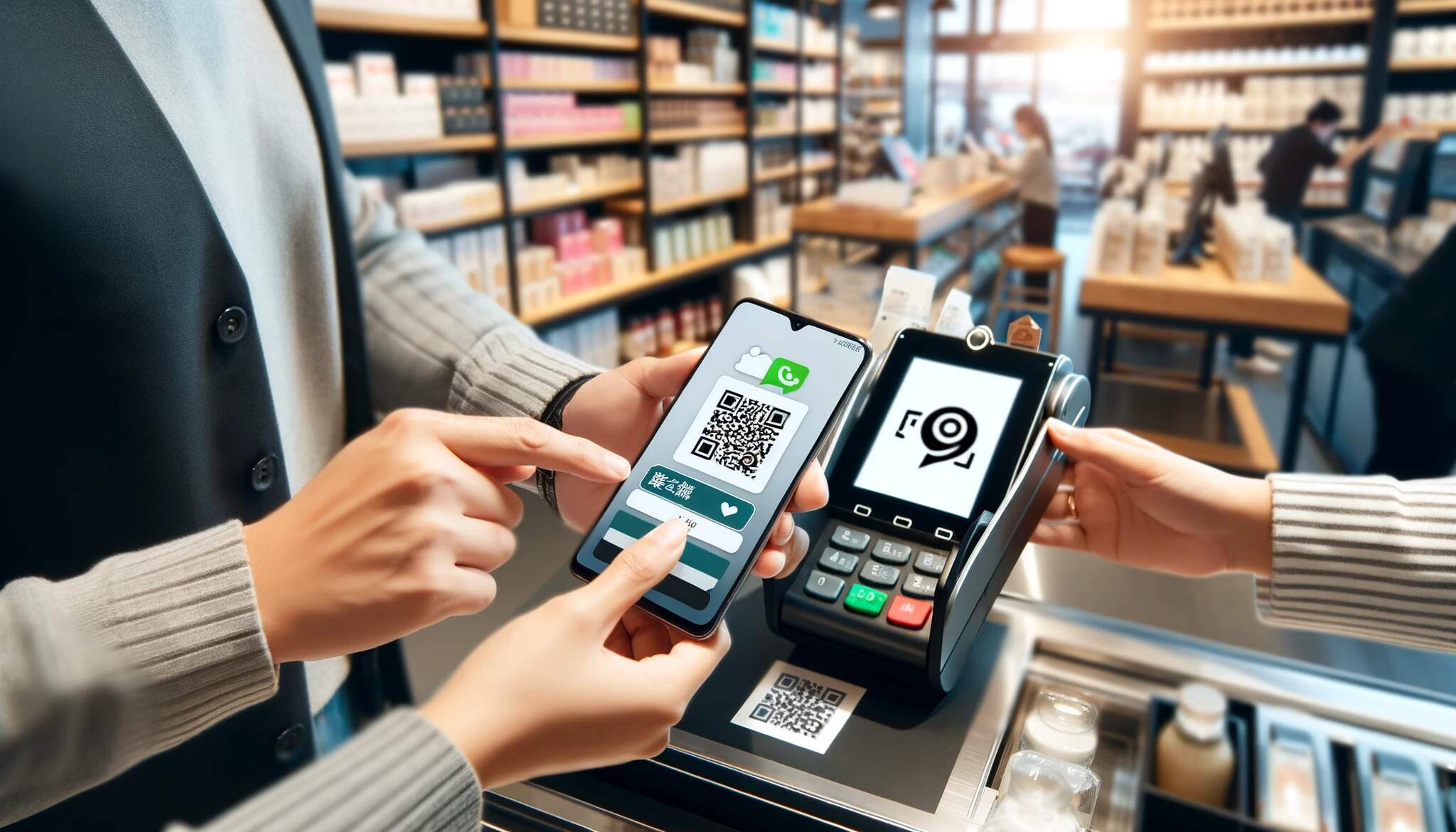 A person at a retail store showing a WeChat QR code on a smartphone