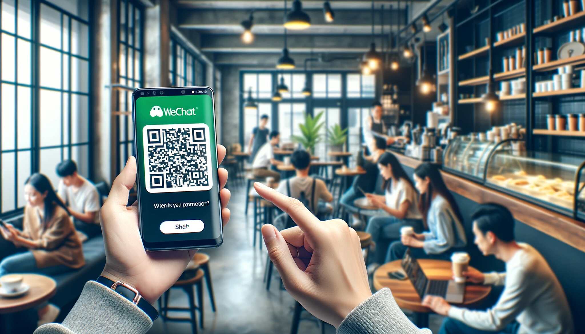 A person scanning a WeChat QR code with their smartphone at a coffee shop
