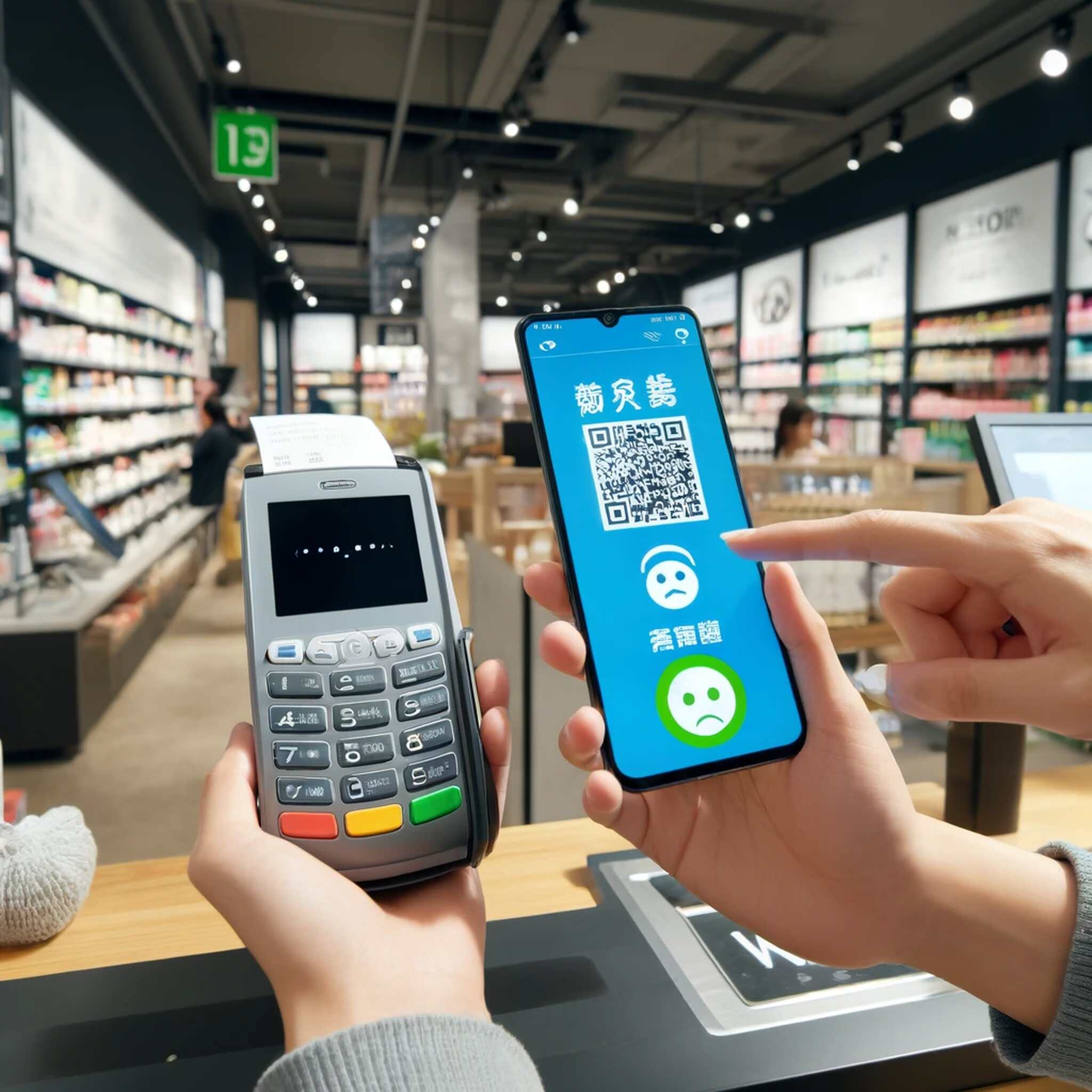A shopper making a payment at a retail store with a WeChat QR code