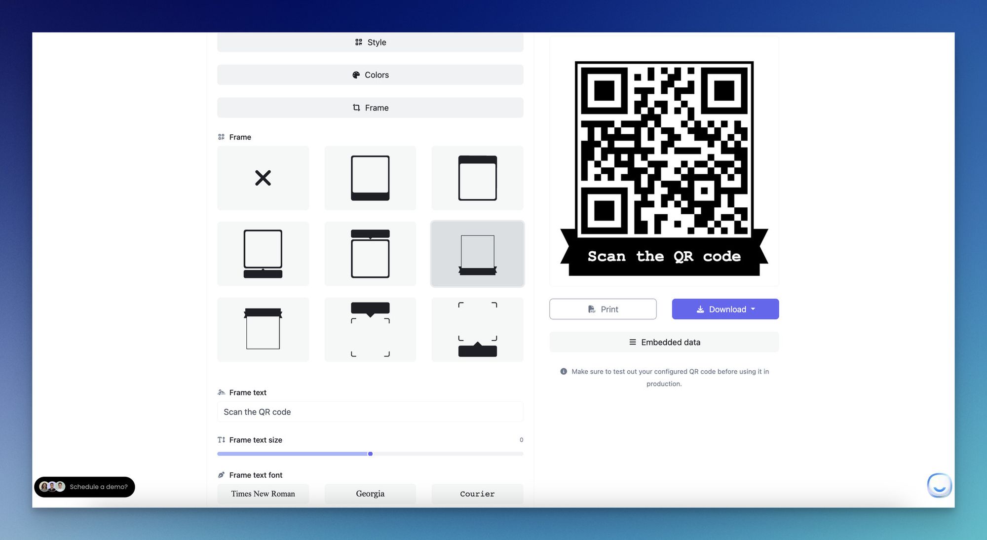 customizing and adding frame to a QR code on QRCodeDynamic
