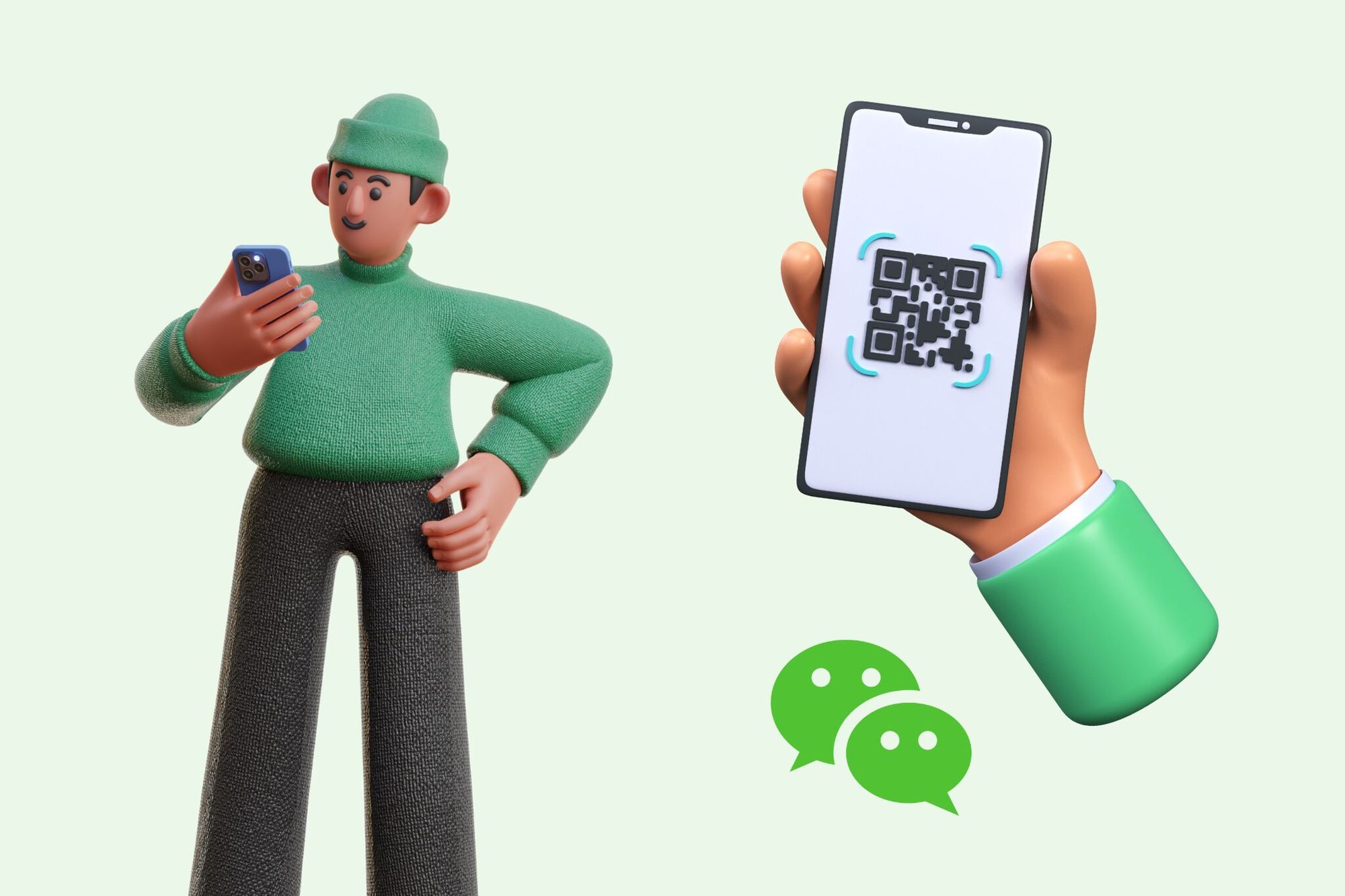 an illustration of a man checking phone, WeChat logo and a phone showing a QR code