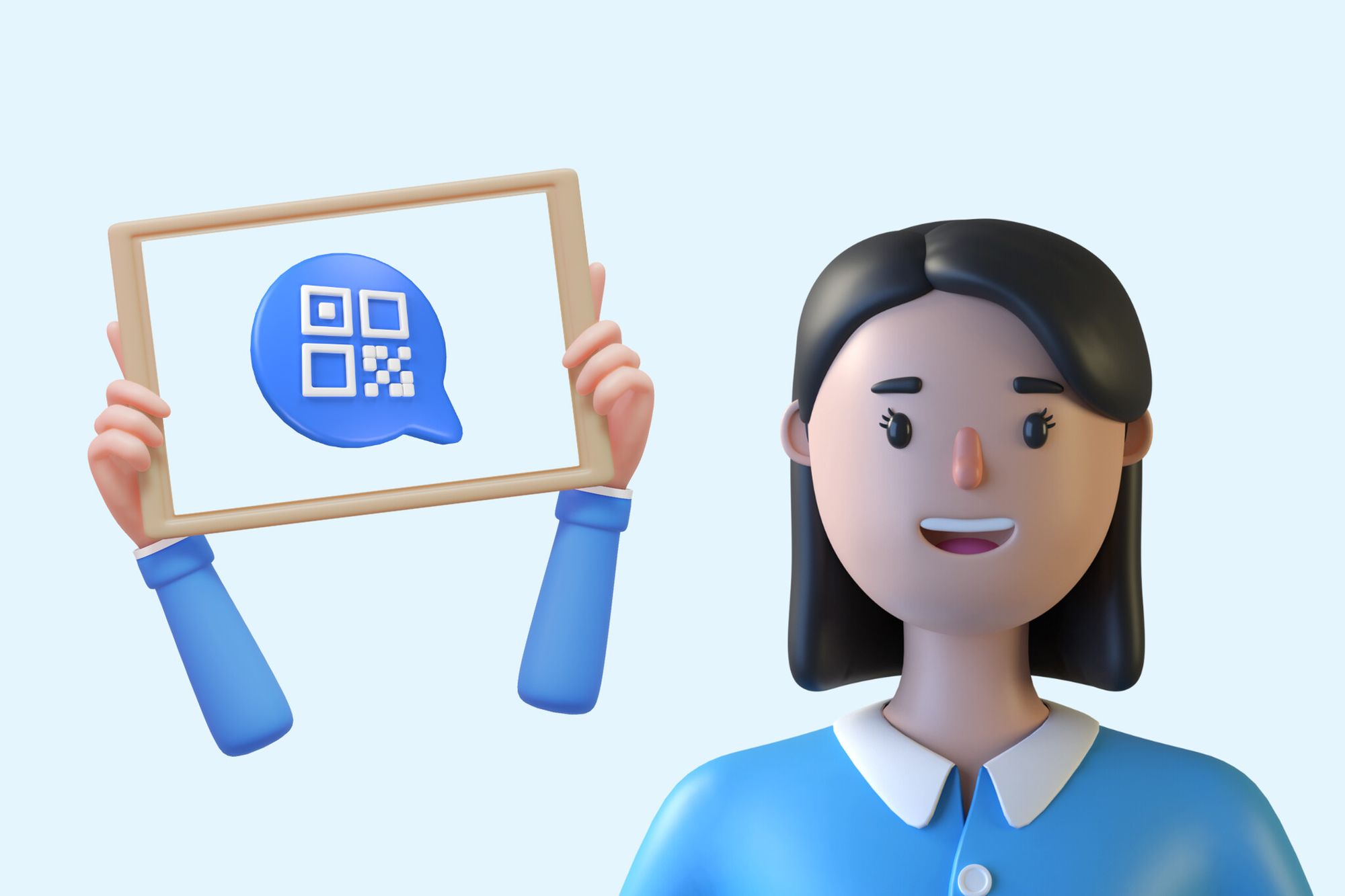 an illustration of a QR code in a frame and a woman smiling