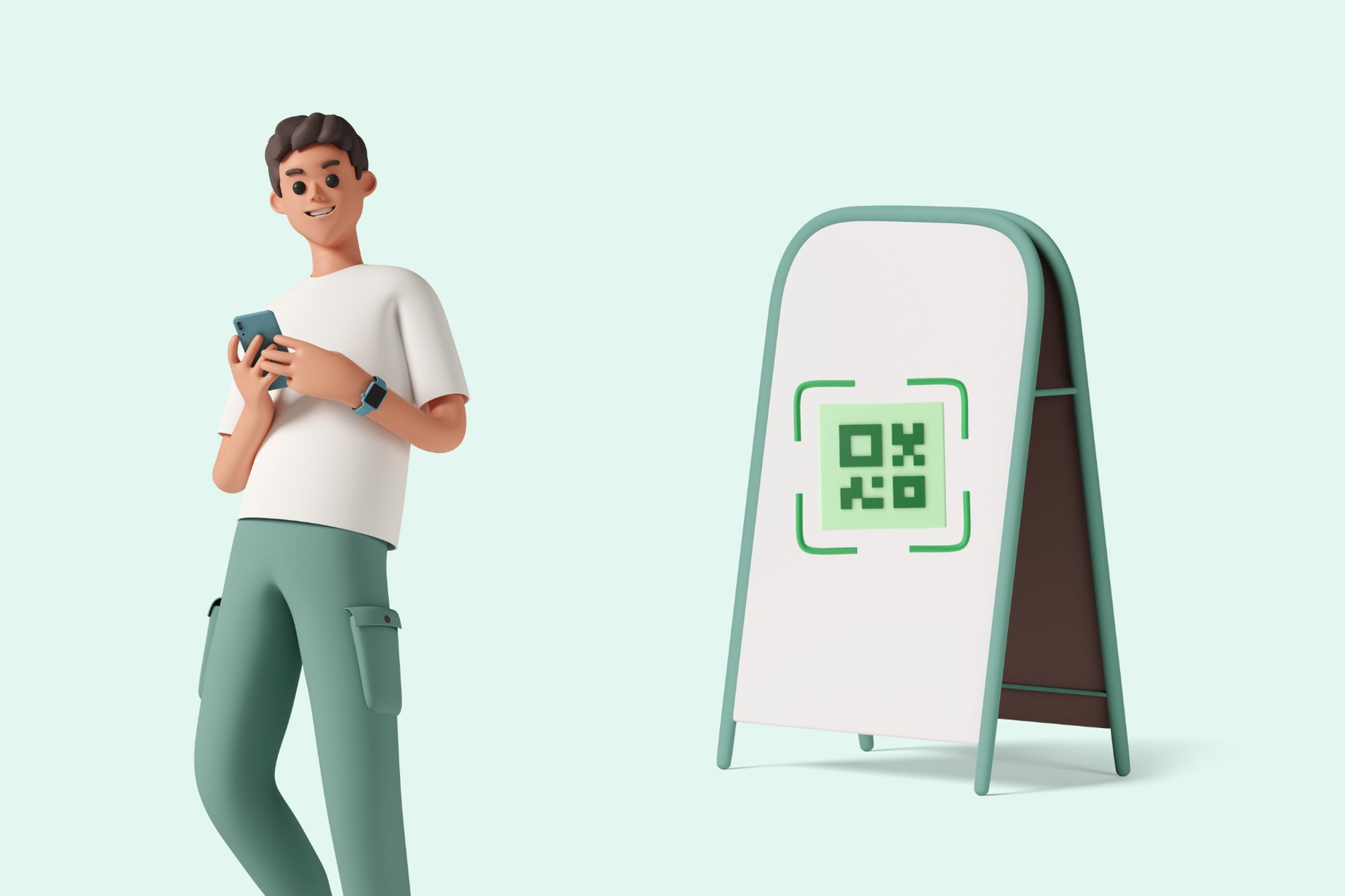 an illustration of a QR code on banner and a man smiling and using his phone