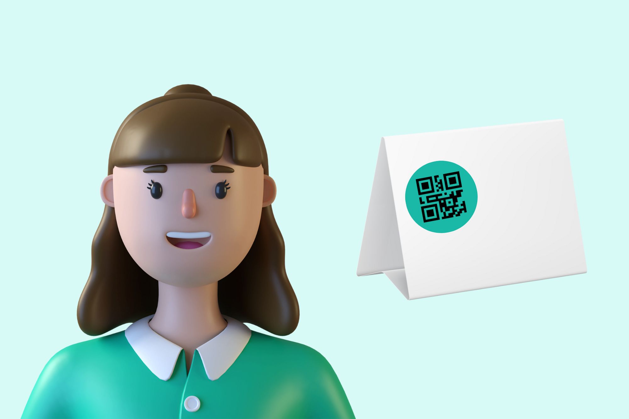 an illustration of a woman smiling and a table tent with a QR code