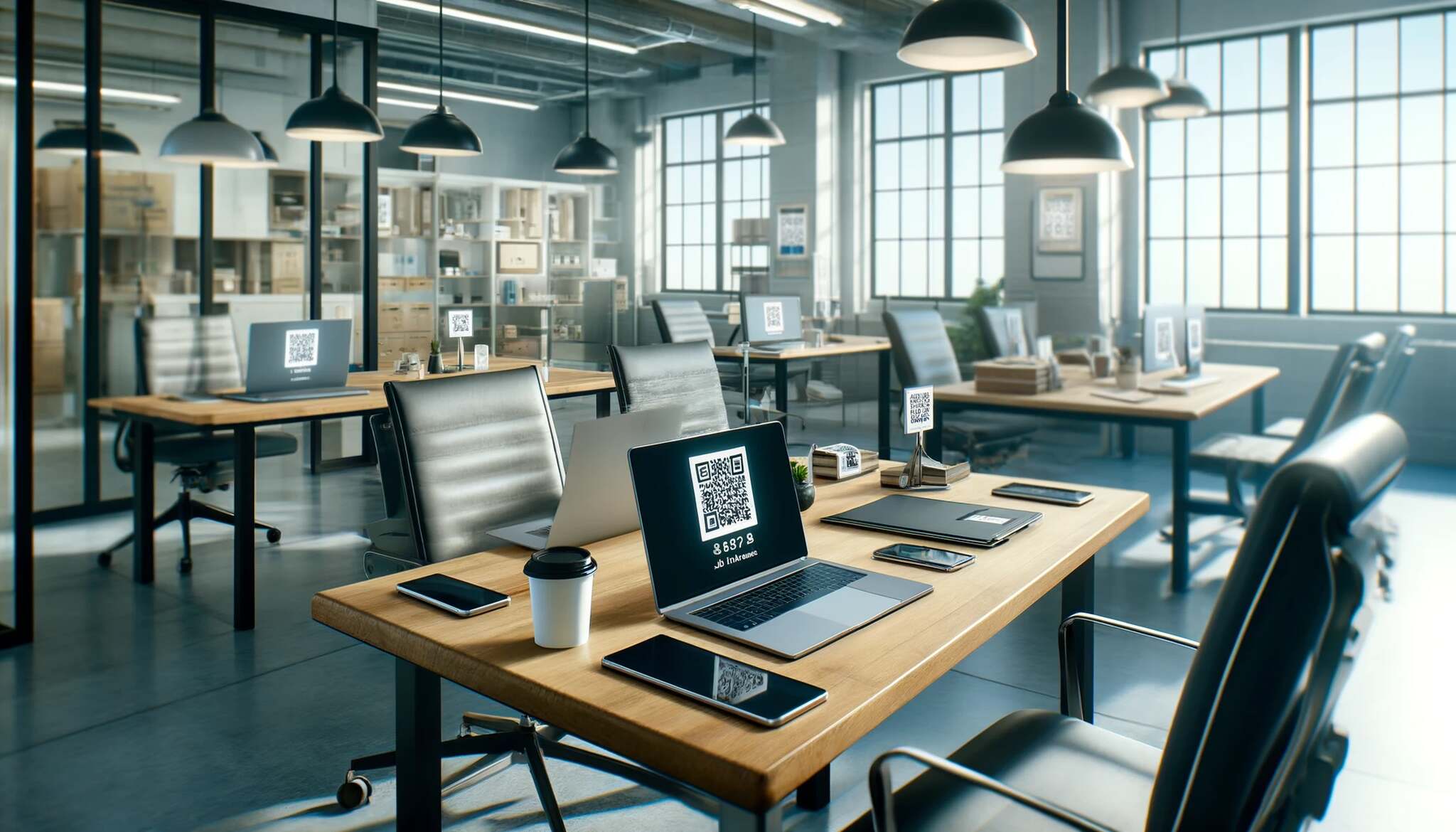 An office with various assets and QR codes on them