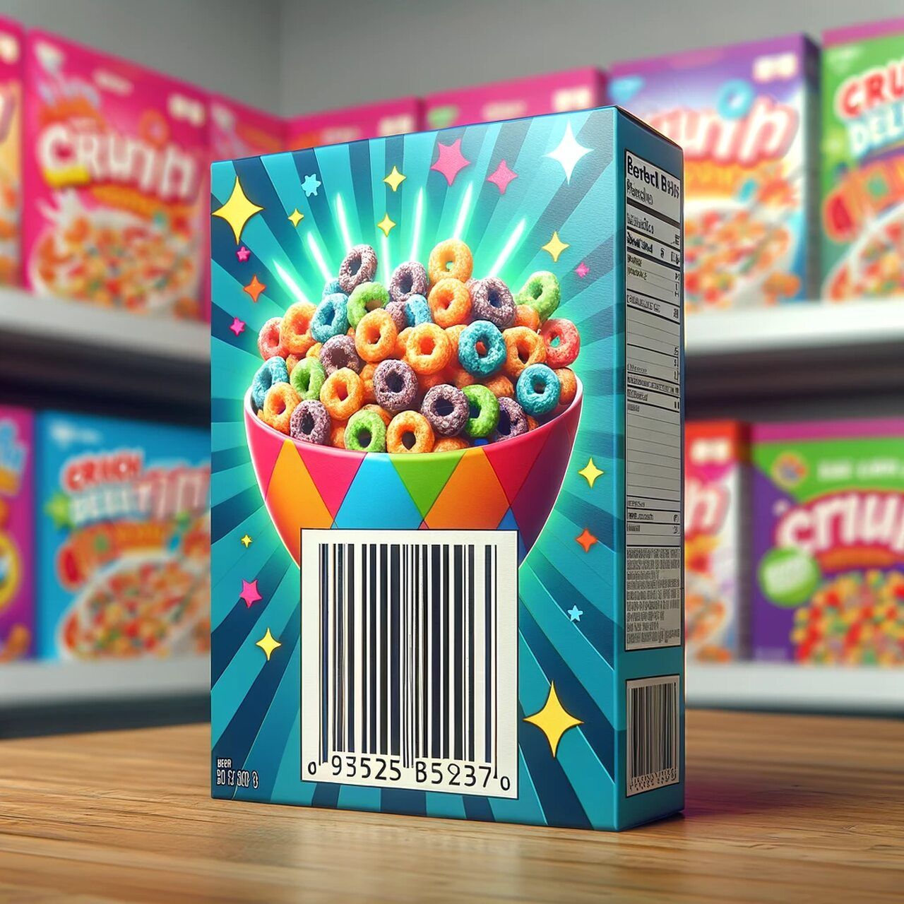 Close-up of a barcode printed on a cereal box ready to be scanned
