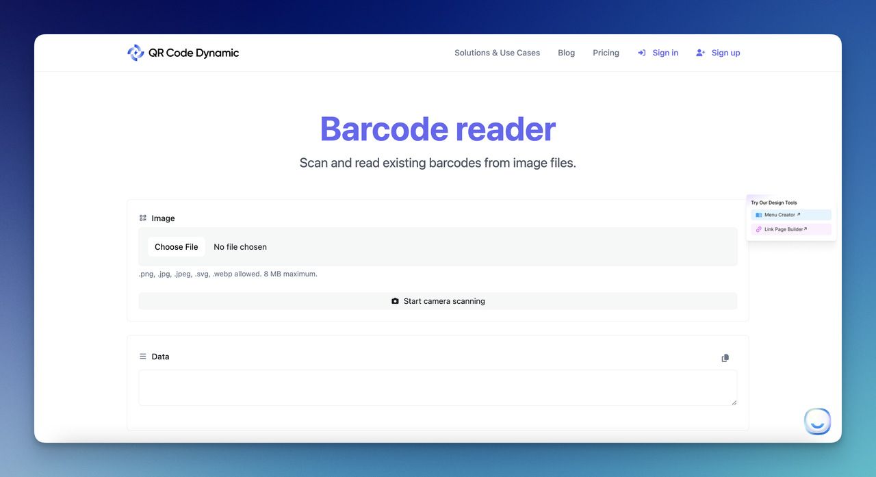 Screenshot of QR Code Dynamic's online barcode reader landing page