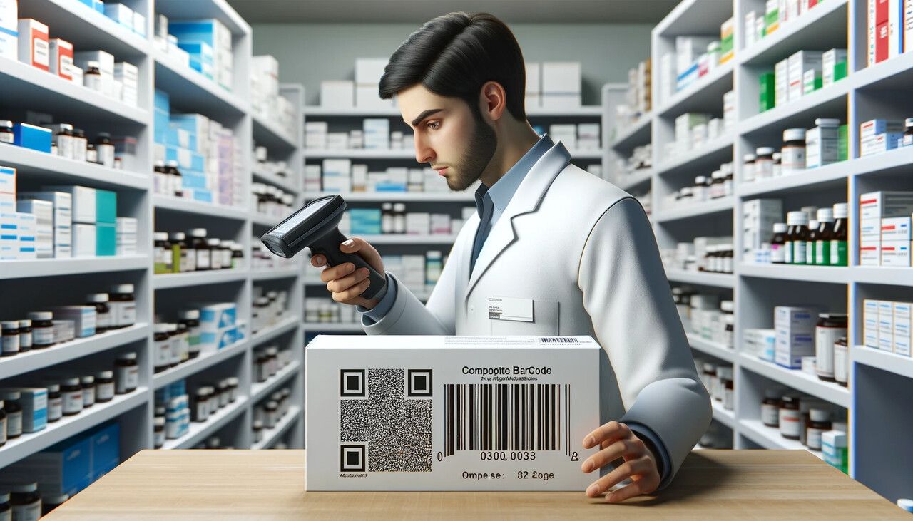 Composite barcode sample combining linear and 2D formats on a pharmaceutical product