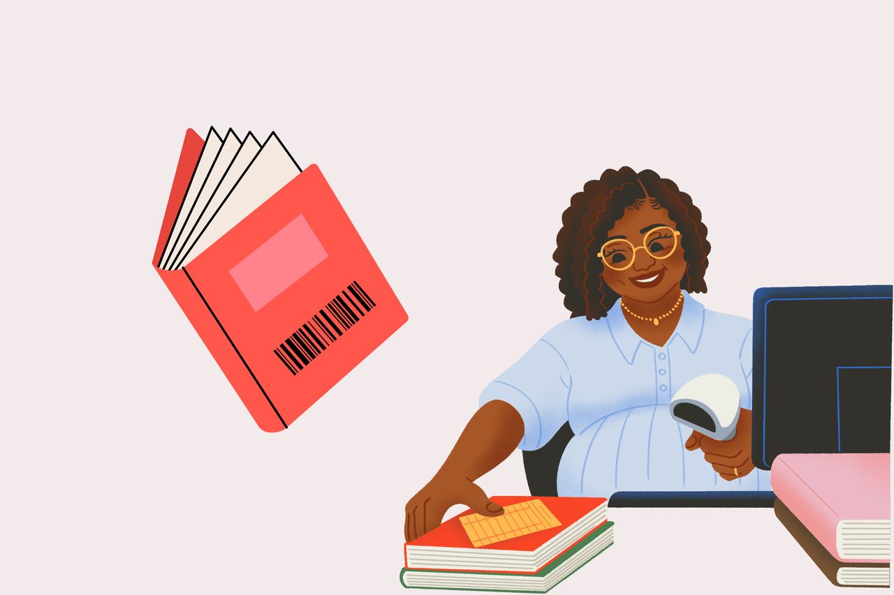 the figure reading barcodes on books and a book with a barcode