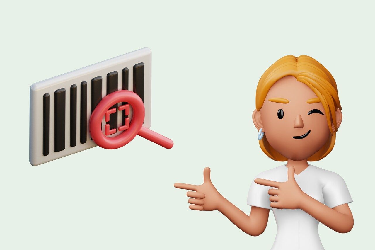 the illustration of barcode with a search magnifying glass and a woman figure pointing it out