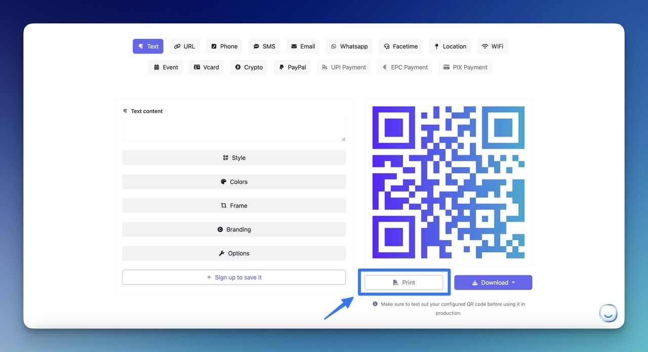 the printing option of QR Code Dynamic