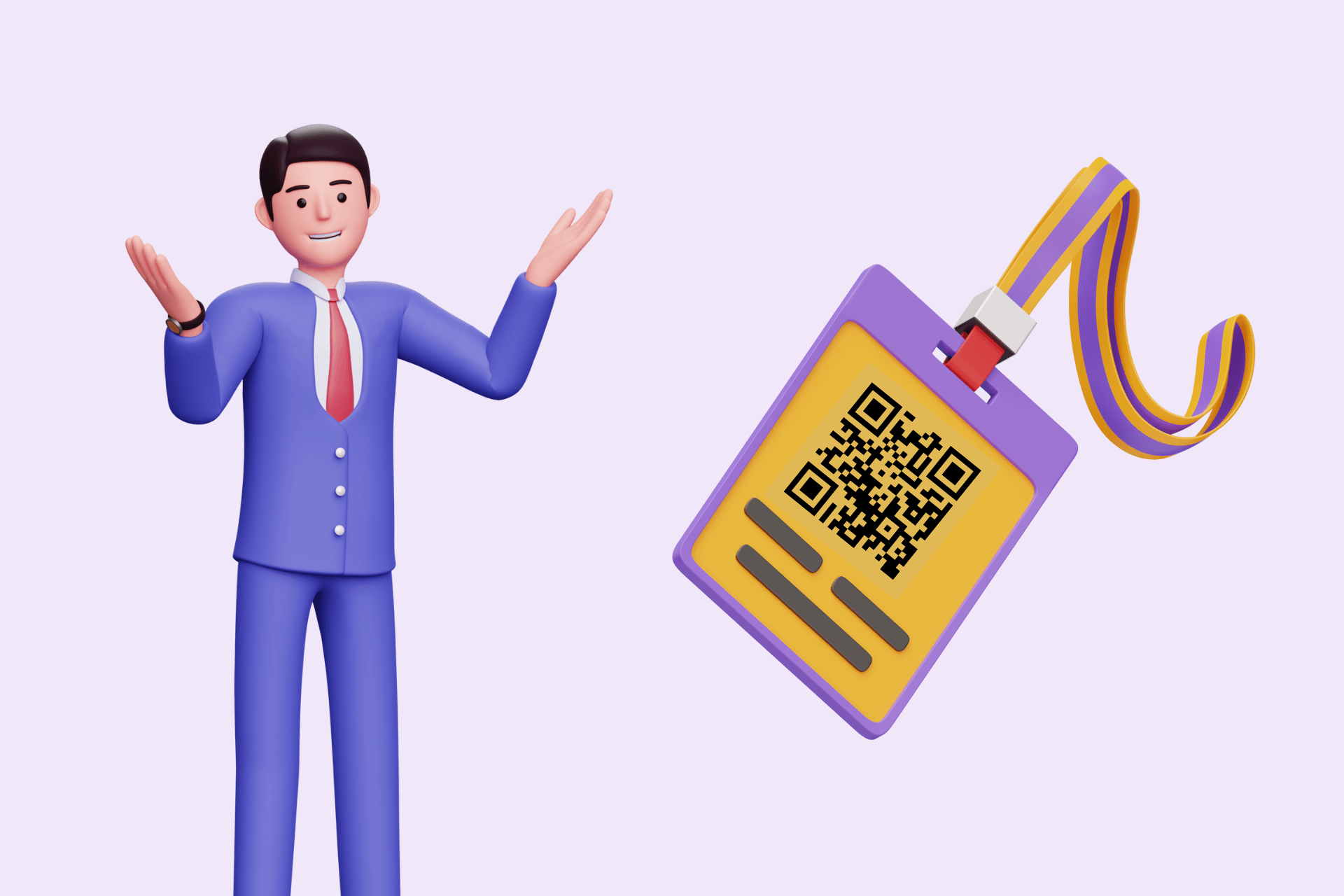 QR code badge illustration with a figure standing on a purple background