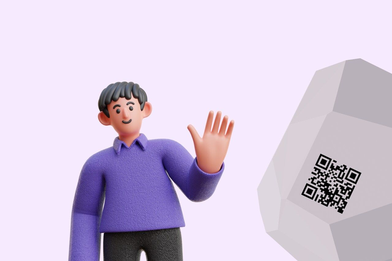 the illustration of QR code on headstone and a person figure