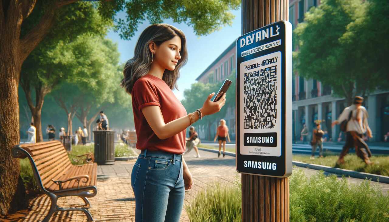 the person scanning a QR code from a tree sign