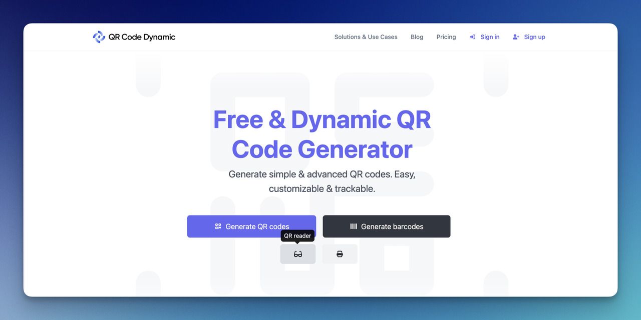 the QR Code Dynamic homepage with the QR reader icon highlighted