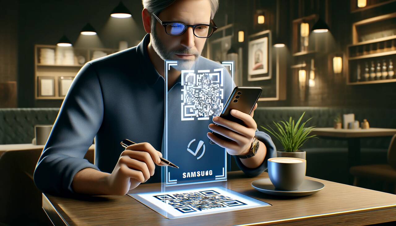 a person examining QR code on a device