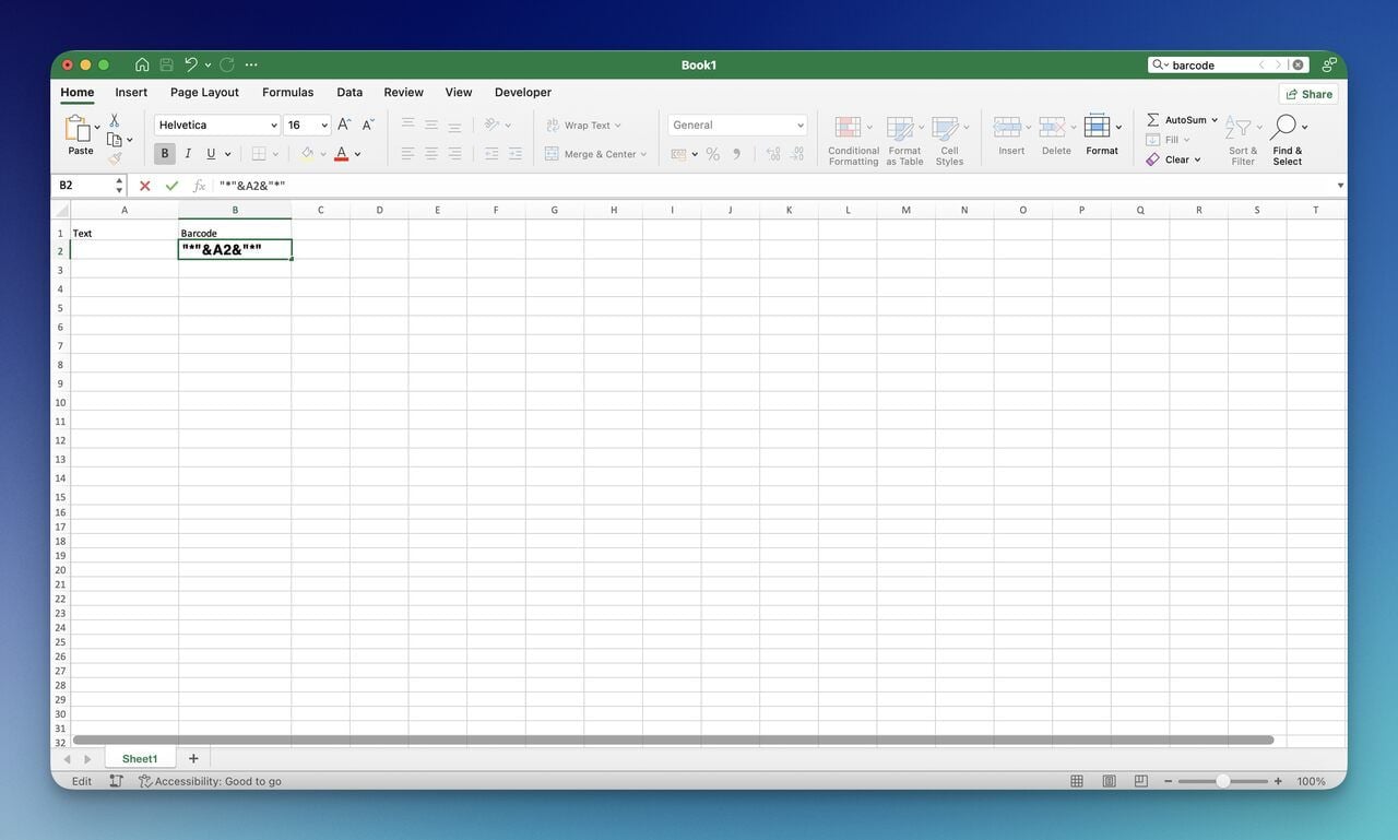Excel formula bar showing the Code 39 wildcard formula concatenating asterisks around cell A2 for barcode generation