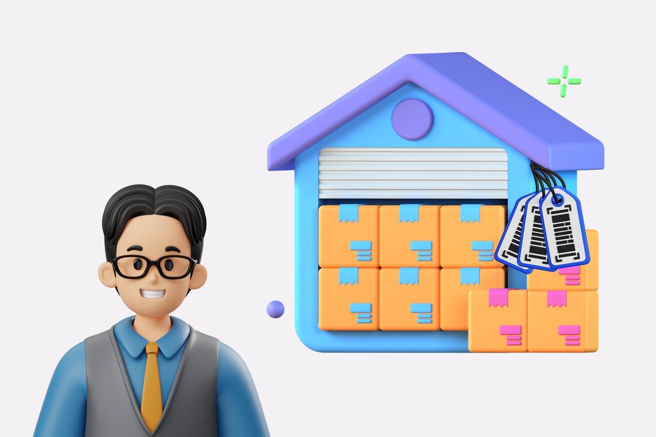 the barcode inventory system with boxes and a person on a fair background
