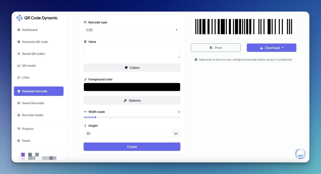 QR Code Dynamic barcode customization panel with color pickers, size slider, and live preview of the styled barcode
