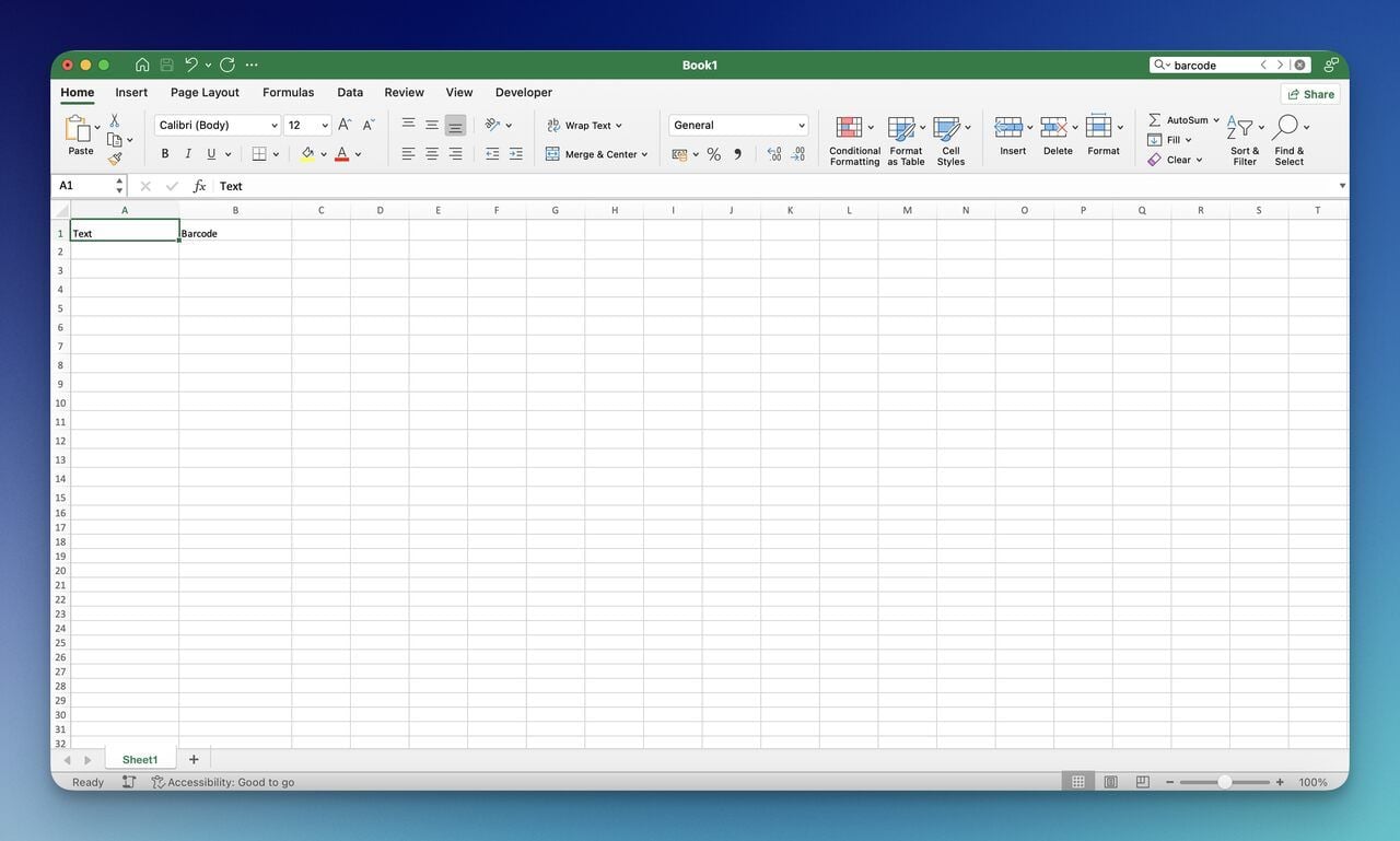 Excel spreadsheet with two columns labeled Text and Barcode prepared for the Code 39 wildcard formula workflow