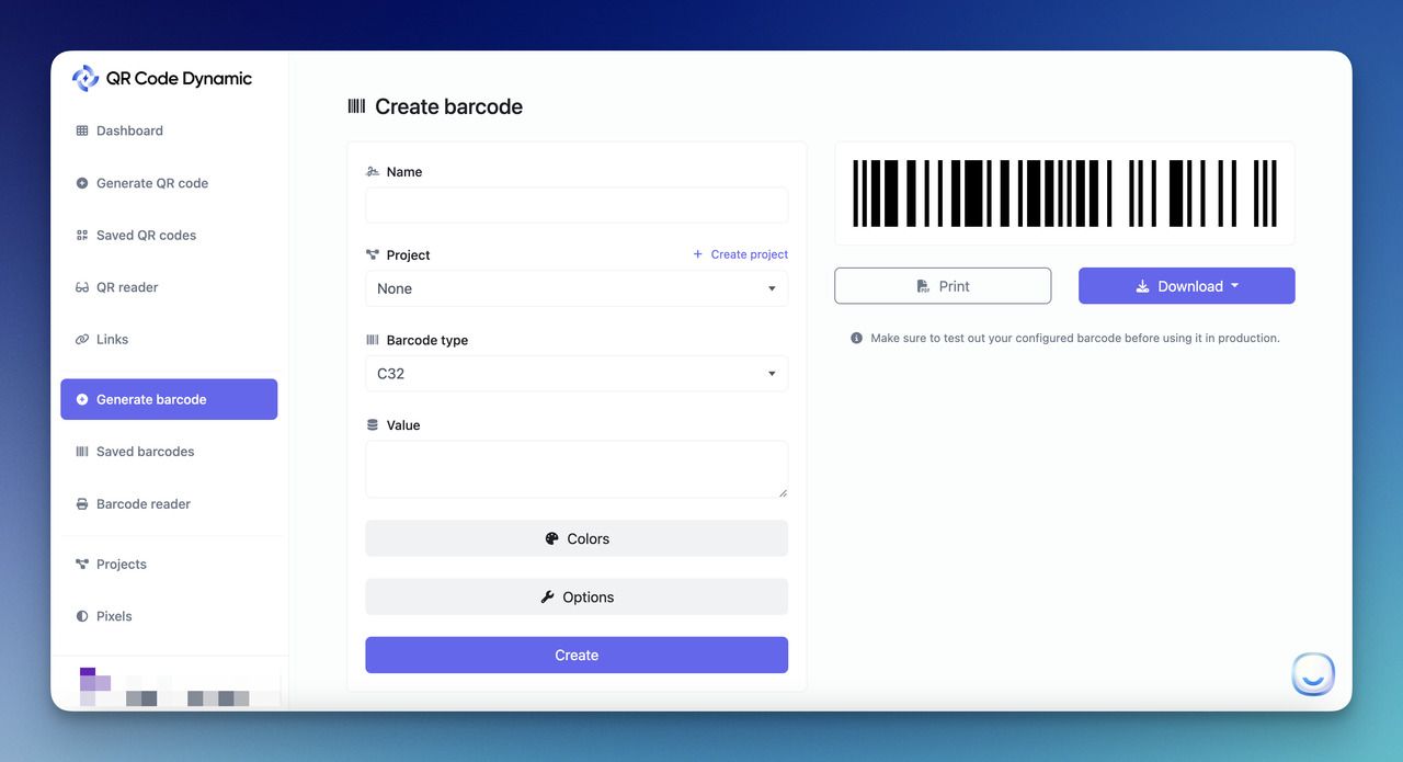 QR Code Dynamic barcode generator dashboard with name field, type selector, and value input ready for configuration