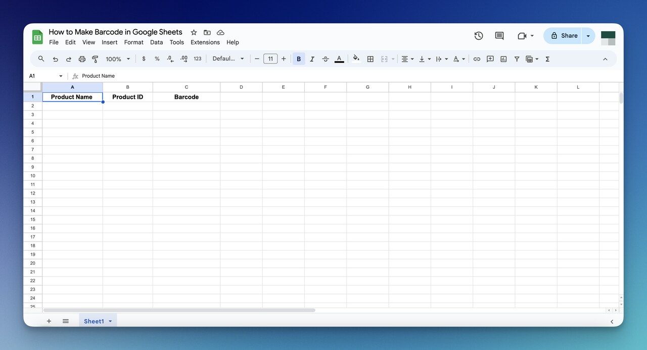 Three-column Google Sheets layout with Product Name, Product ID, and Barcode column headers ready for data entry