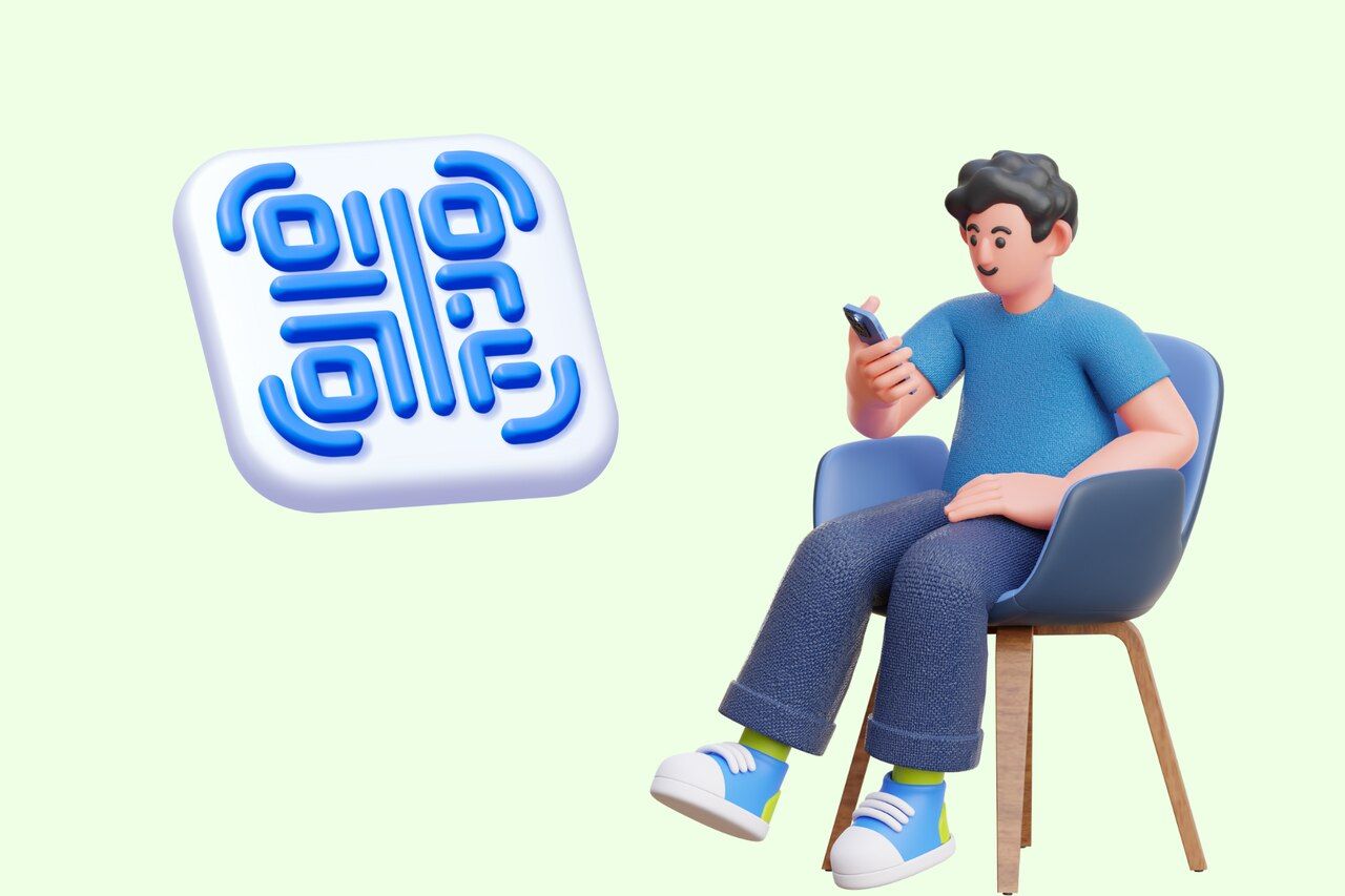 the barcode and a person figure sitting on a chair on a light green background